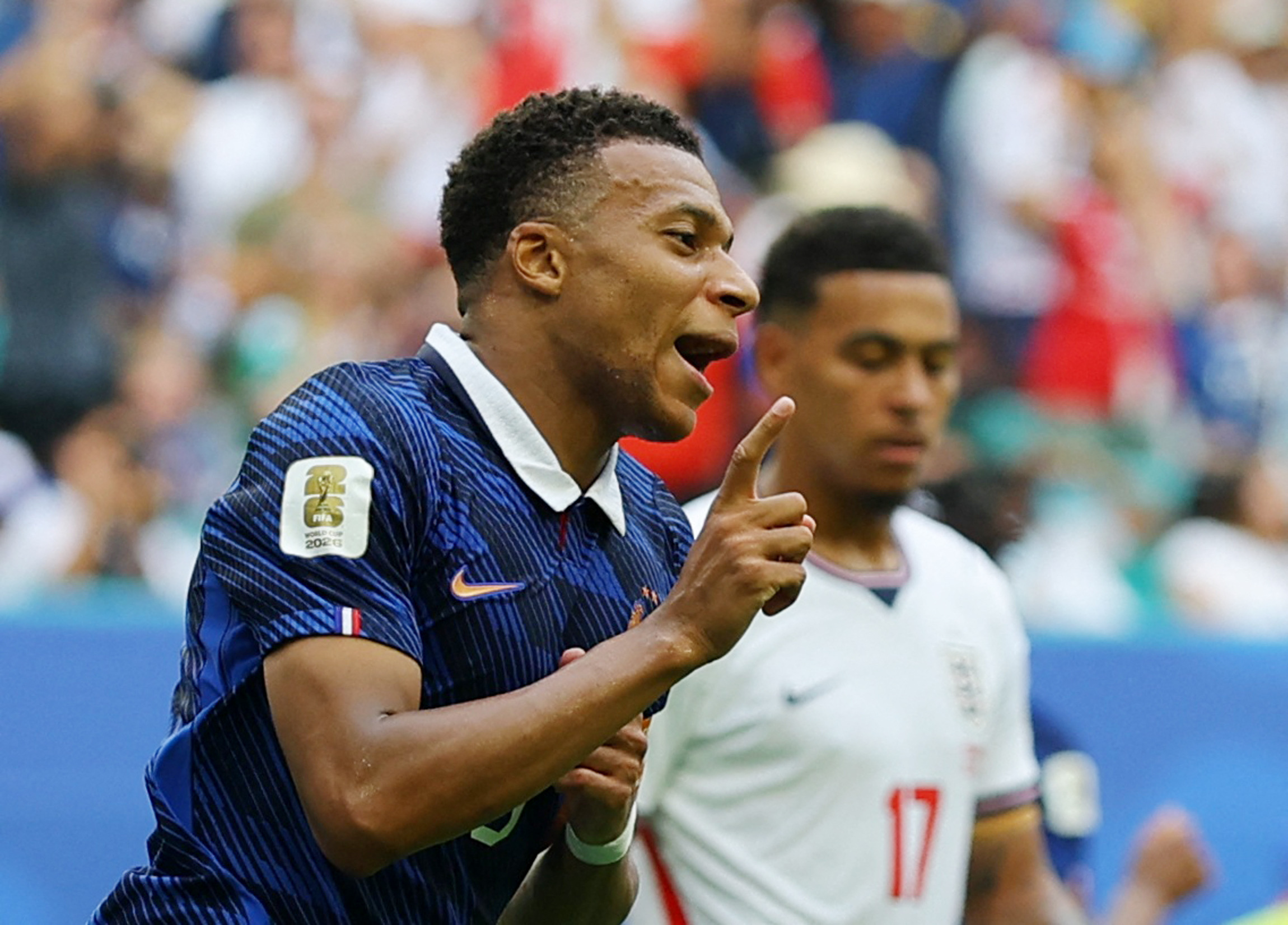 Soccer Football - FIFA World Cup 2026 - Bronze Final - France v England - Miami Stadium, Miami Gardens, Florida, U.S. - July 18, 2026 France's Kylian Mbappe celebrates scoring their third goal REUTERS/Carlos Barria