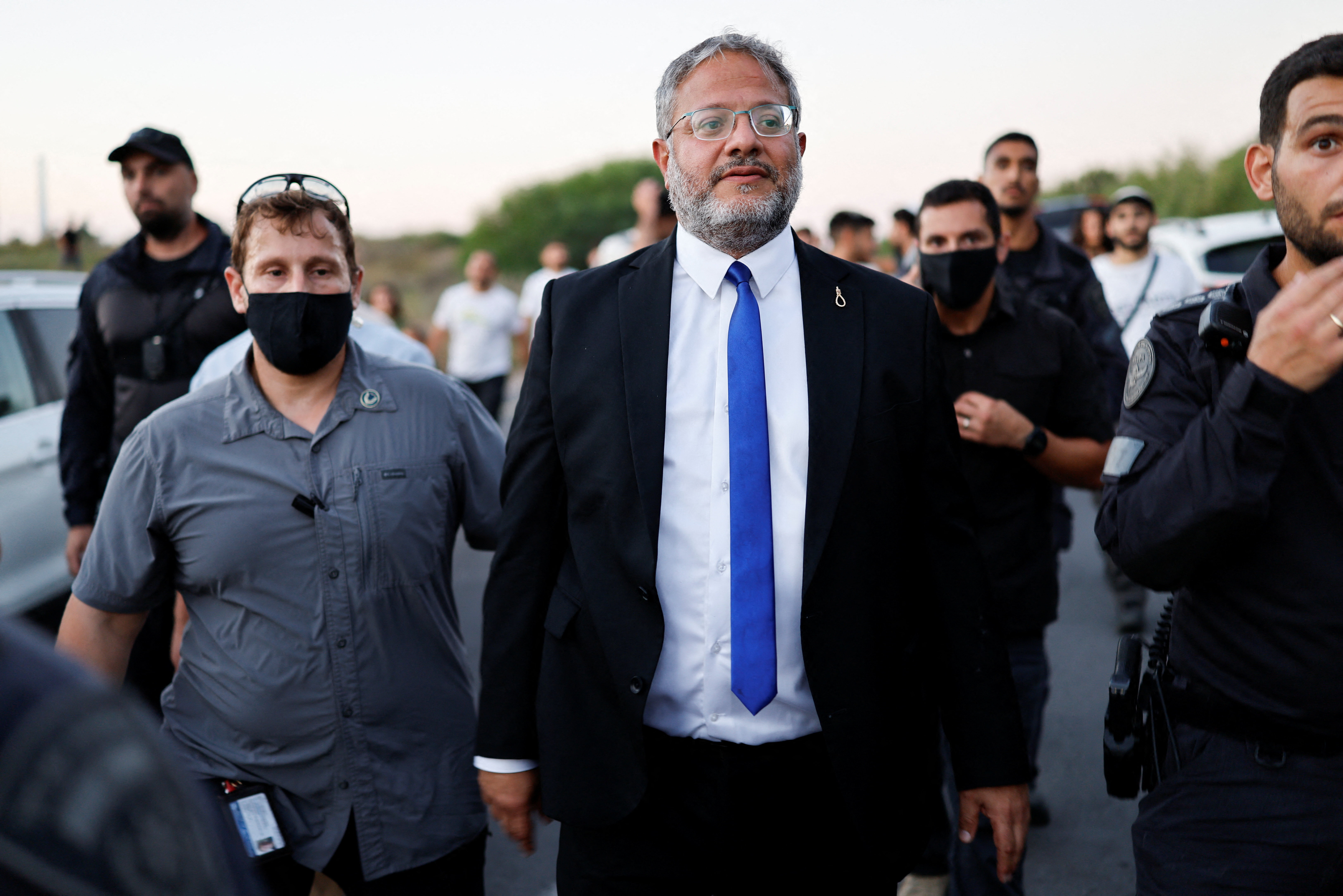Israeli National Security Minister Itamar Ben-Gvir joins pro-settlement Israelis on a march towards the Gaza Strip under the slogan "After 21 years, we're returning home", referring to Israel's unilateral withdrawal of around 8,500 Jewish settlers from the Gaza Strip in 2005, near Kibbutz Zikim and Israel’s border with Gaza, in southern Israel, July 19, 2026. REUTERS/Amir Cohen