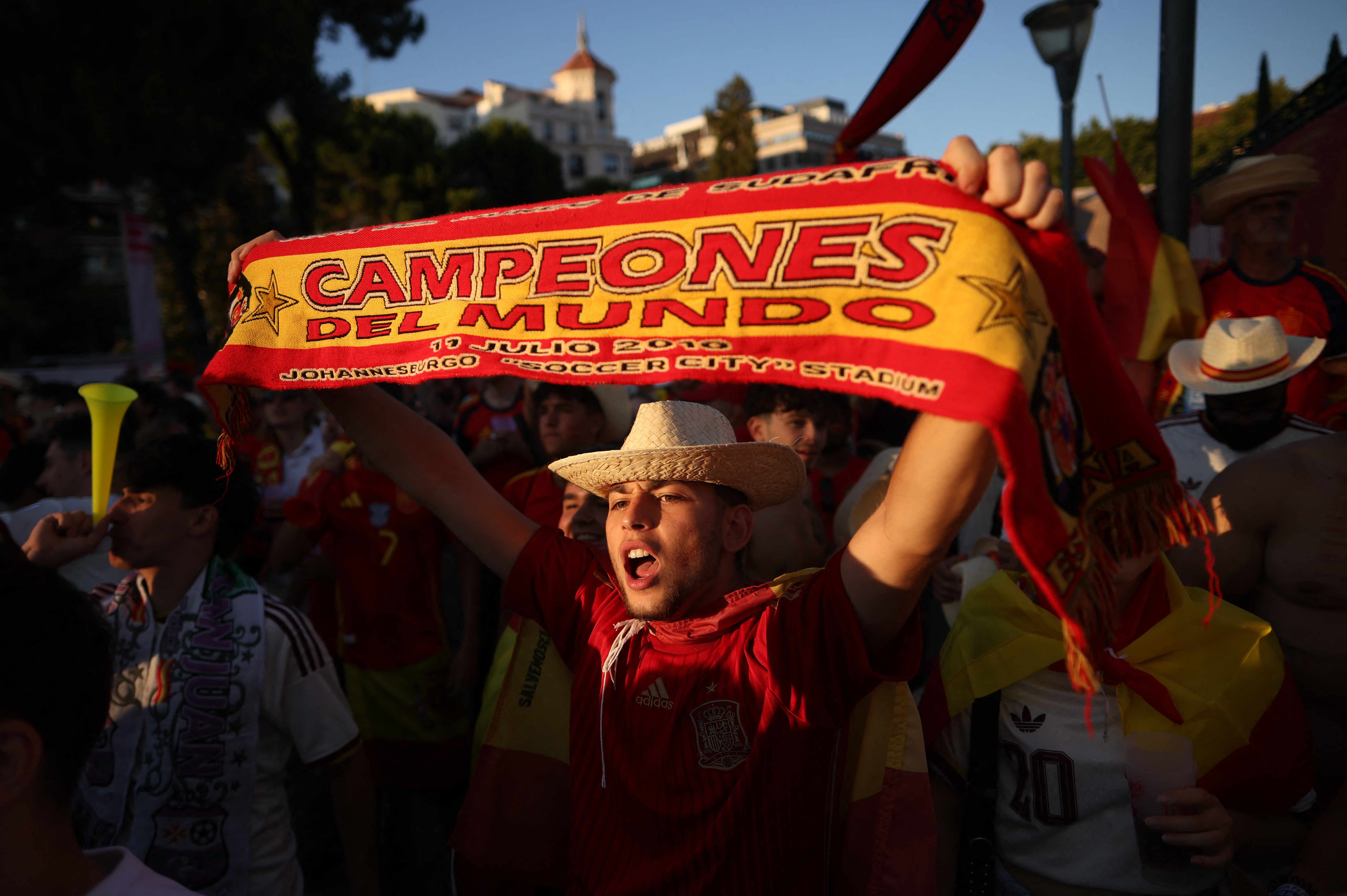 Spain fans gather at the fan zone in Plaza de Colon before the FIFA World Cup final between Spain and Argentina
