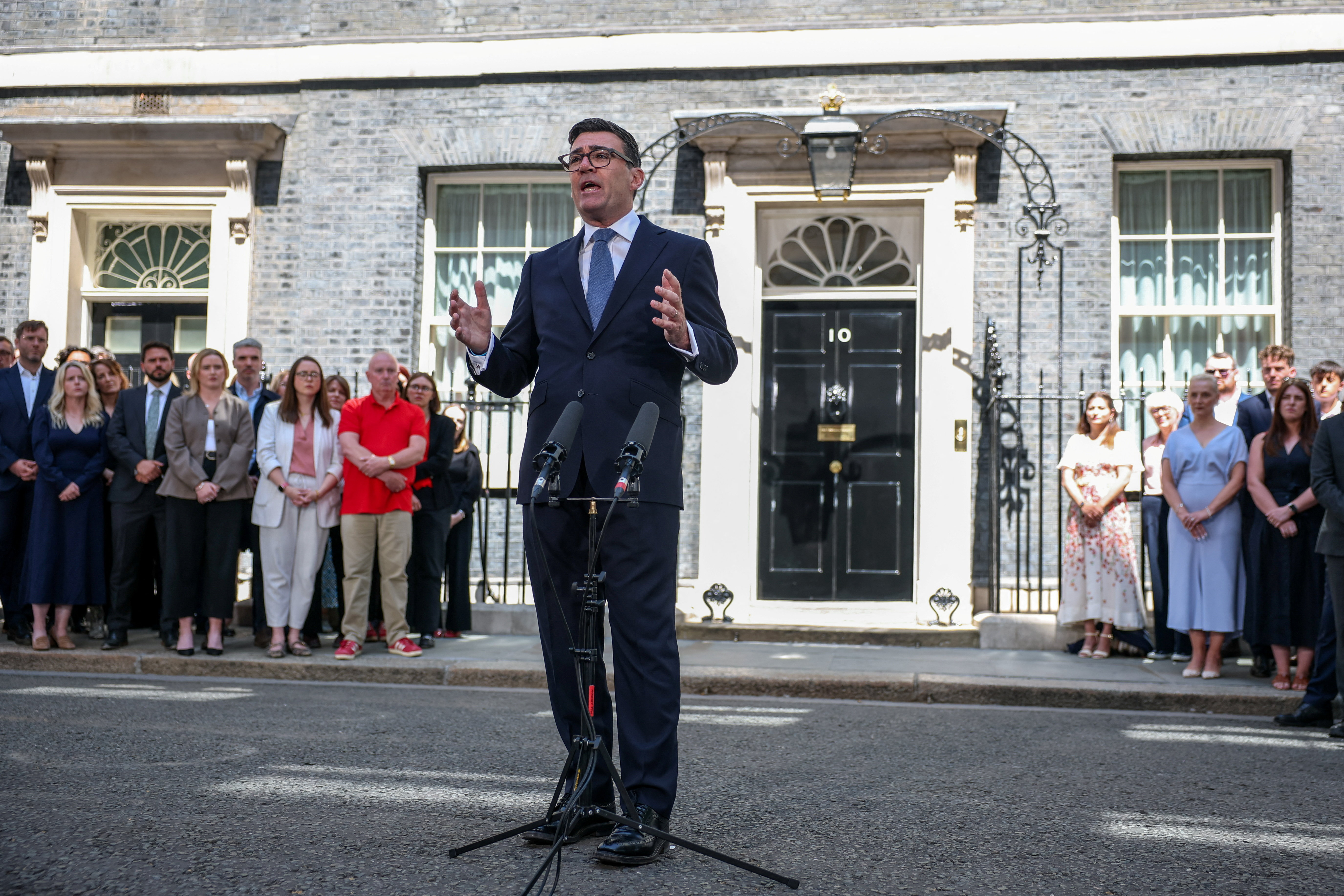 Britain's newly appointed Prime Minister Andy Burnham delivers a speech outside 10 Downing Street after taking office, in London, Britain, July 20, 2026. REUTERS/Isabel Infantes