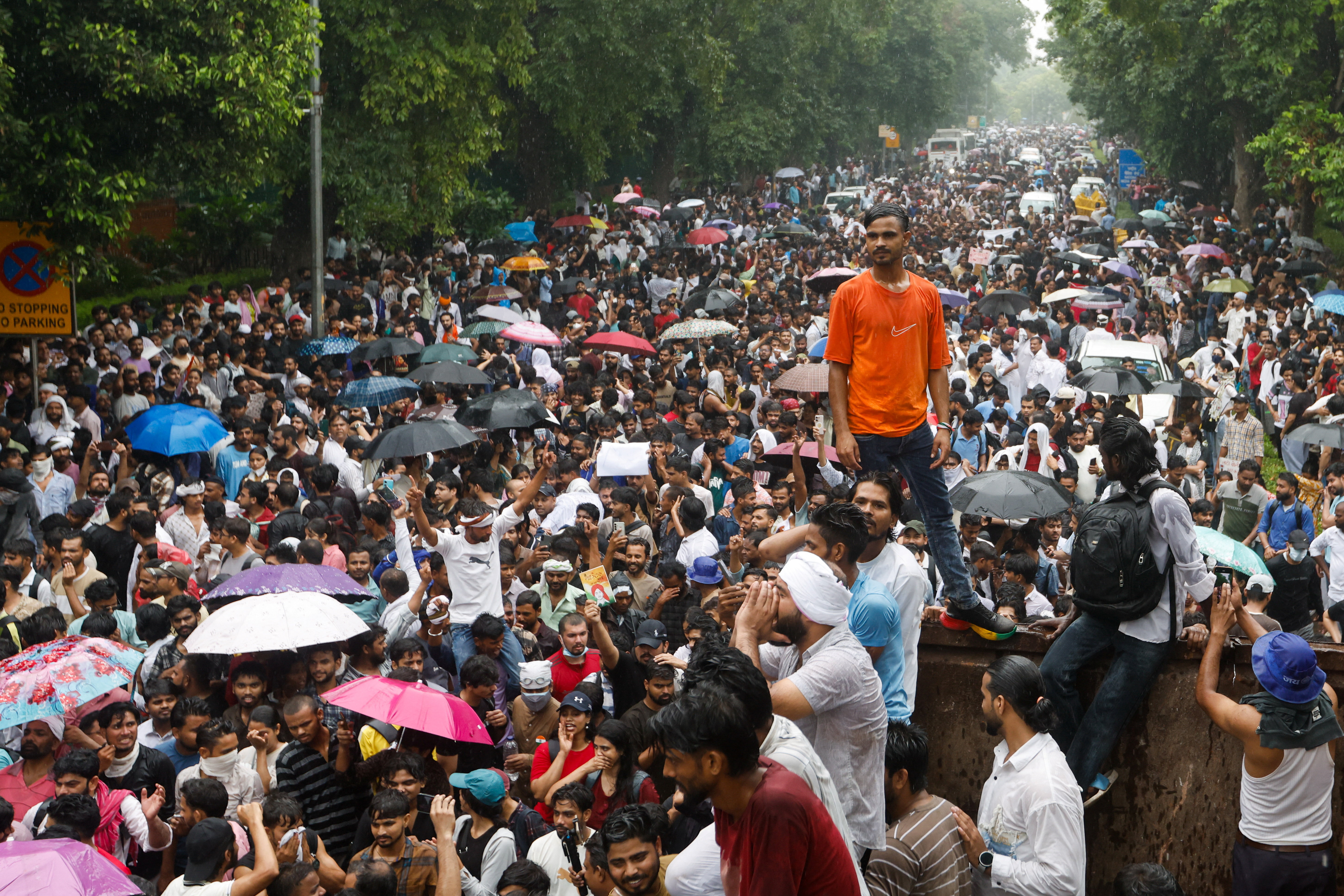 Supporters of the Cockroach Janta Party march towards parliament in New Delhi demanding the resignation of Education Minister Dharmendra Pradhan over exam paper leaks, 20 July, 2026
