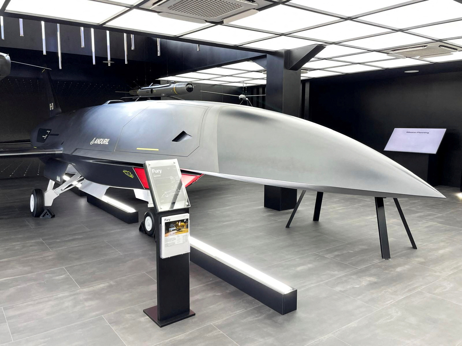 Anduril displays its unmanned combat aircraft "Fury" at the Farnborough International Airshow, in Hampshire, Britain, July 20, 2026. REUTERS/Cassell Bryan-Low