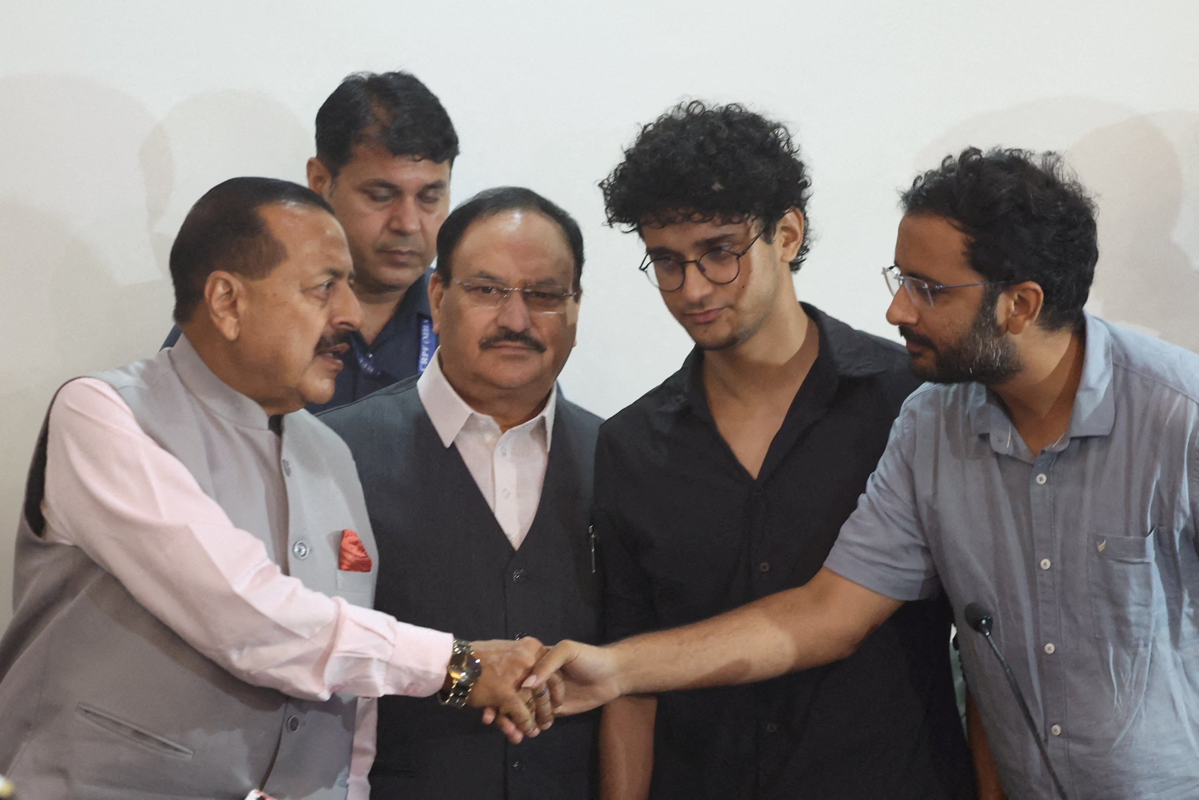 Left to right, federal ministers Jitendra Singh and JP Nadda, with CJP leaders Saurav Das and Ashutosh Ranka at a news conference in New Delhi, July 25, 2026