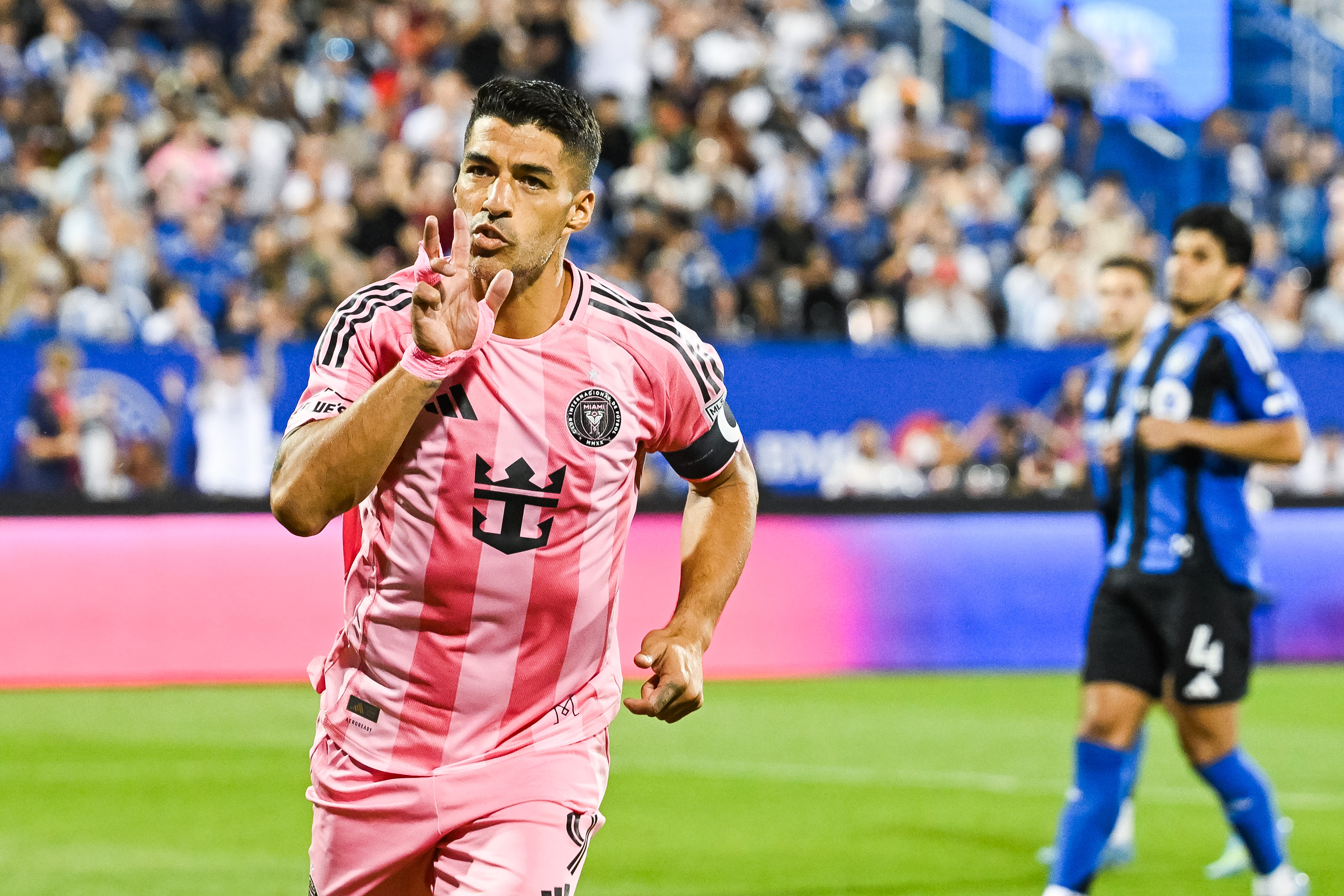 Luis Suarez celebrates his goal against Montreal during the second half at Saputo Stadium