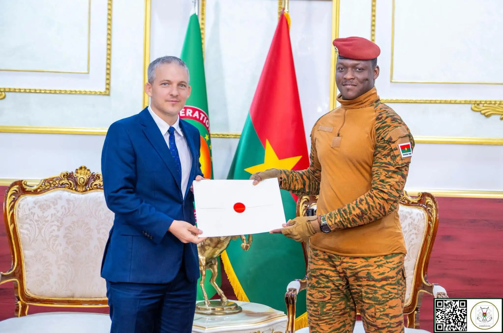 Traore receives the credentials of the new Israeli ambassador to Burkina Faso, Simon Seroussi [File:Handout/Burkinabe Presidency]