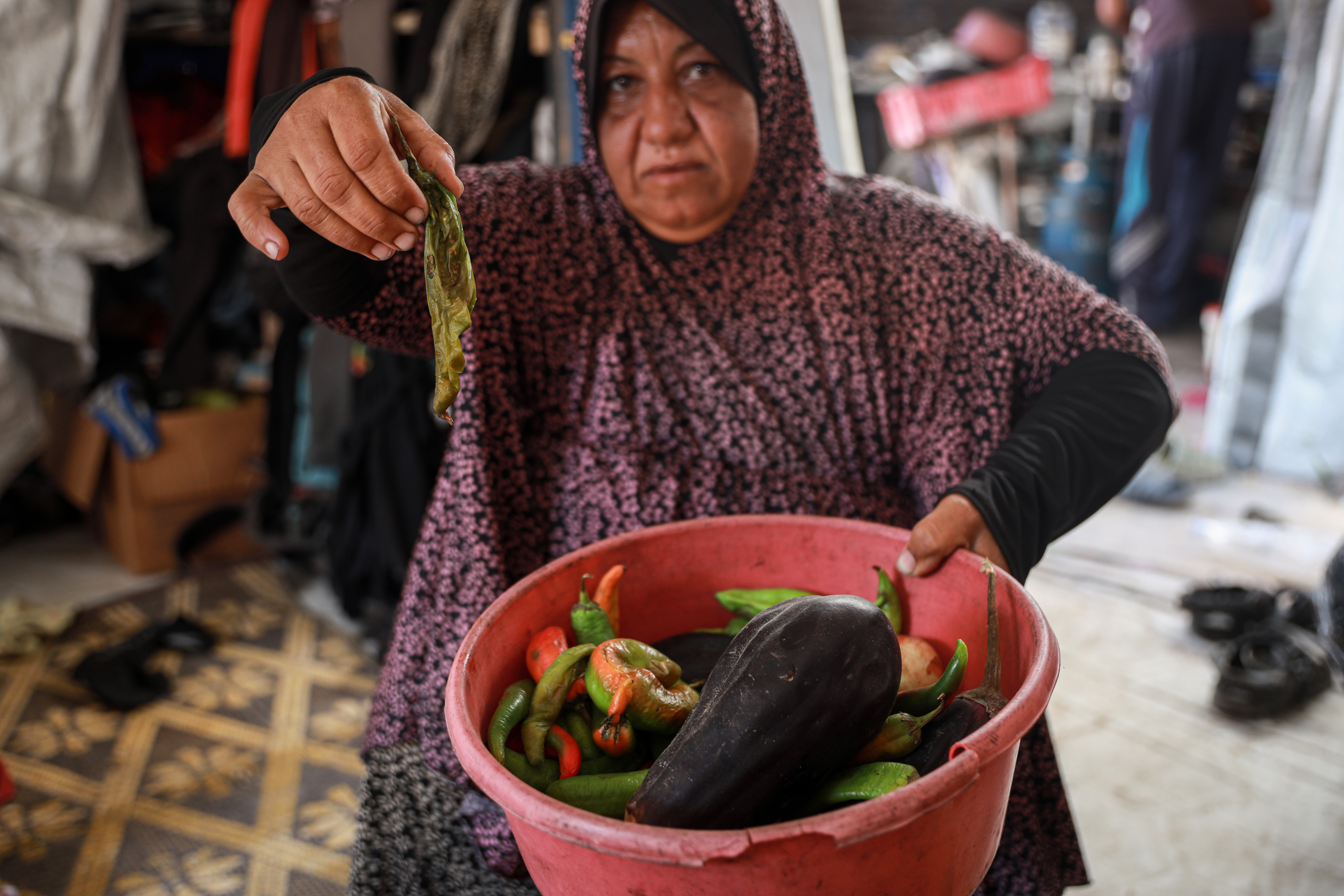Manal Hamed says fresh vegetables spoil by the next day because of the extreme heat and lack of refrigeration.[Abdelhakim Abu Riash/ Al Jazeera] 