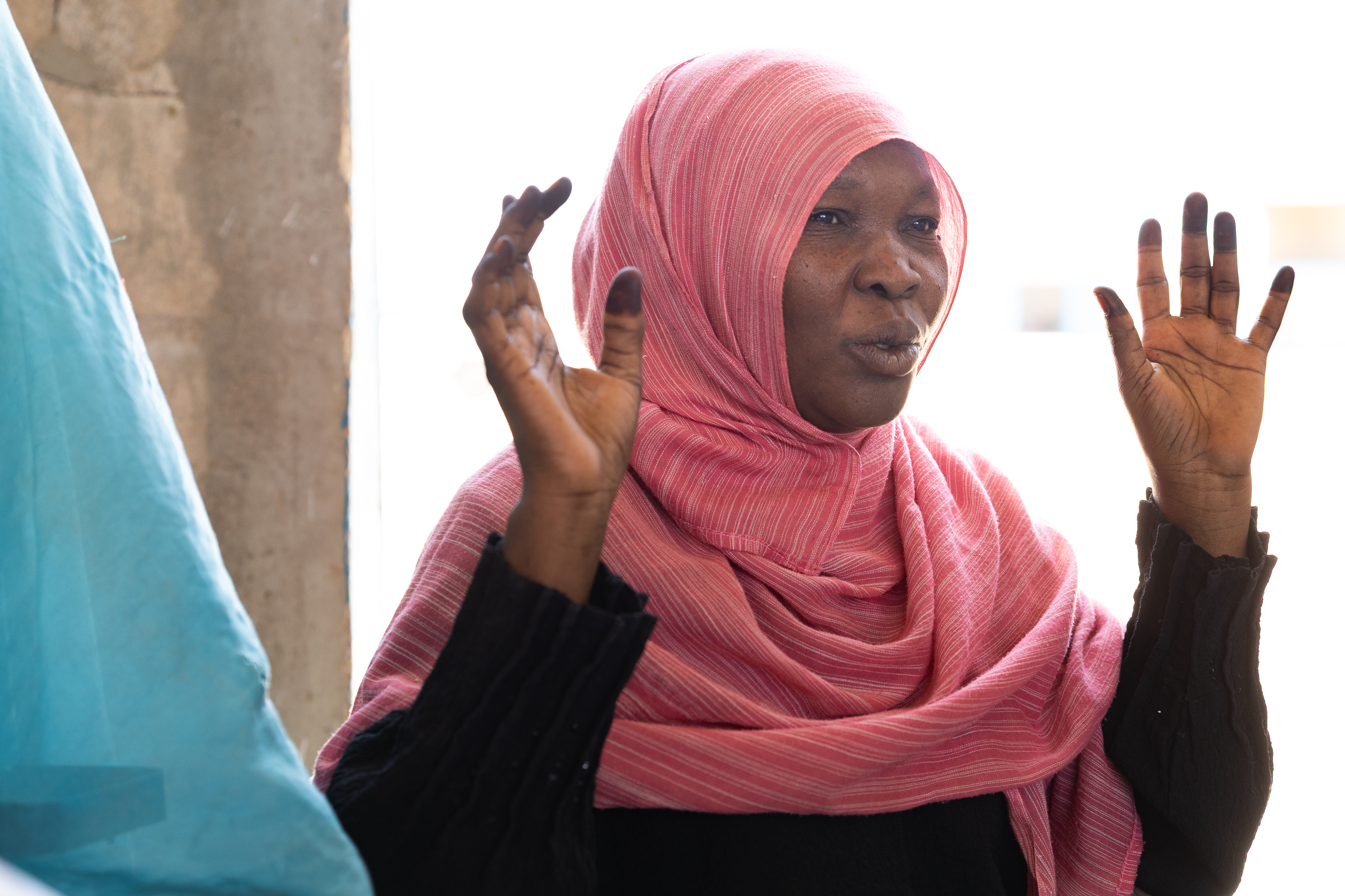 Rokhia Ibrahim, 43 and a Sudanese schoolteacher, inside the school building in the Goudrane refugee camp in eastern Chad