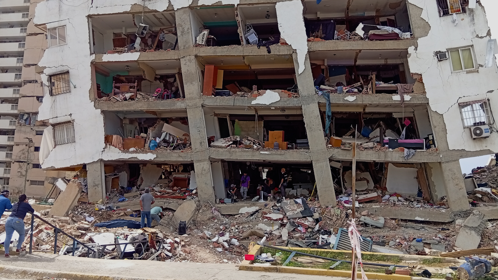 A tower leans dangerously in La Guaira, Venezuela, after the June 24 earthquakes