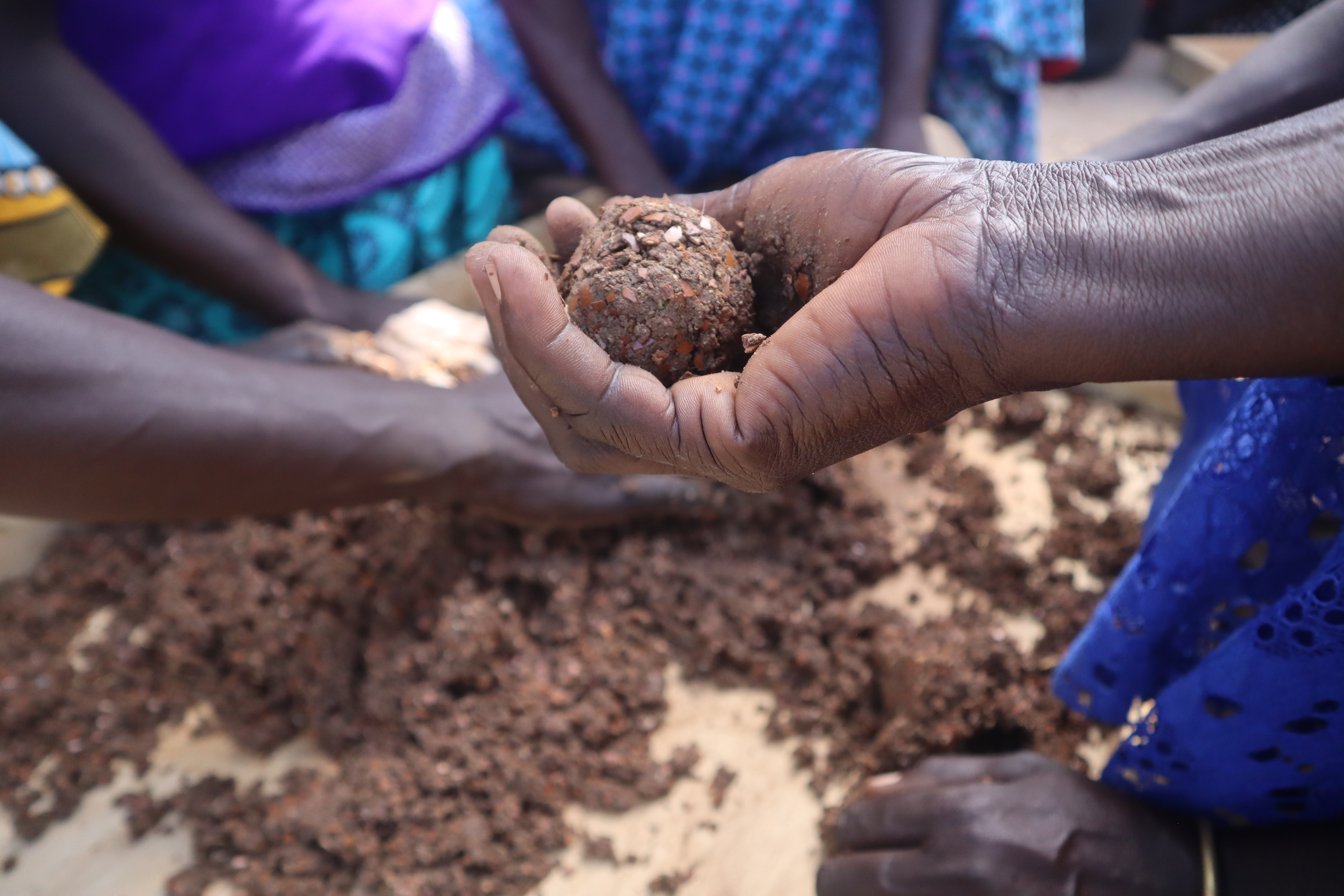 A hand moulded shea briquette. Photo by John Okot.