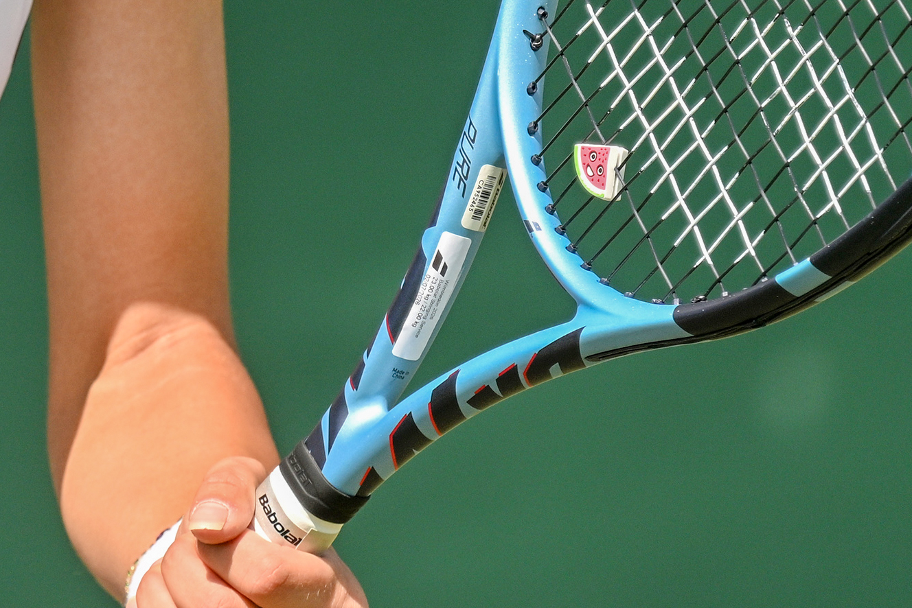 LONDON, UNITED KINGDOM - JULY 02: Zeynep Sonmez, who uses a watermelon-shaped vibration dampener on her racket, of Turkiye and Jessica Bouzas Maneiro of Spain play Shuko Aoyama of Japan and En-Shuo Liang of Taiwan in the Ladies Doubles competition during day four of The Wimbledon Tennis Championships at All England Lawn Tennis and Croquet Club on July 02, 2026 in London, United Kingdom. ( Ray Tang - Anadolu Agency )