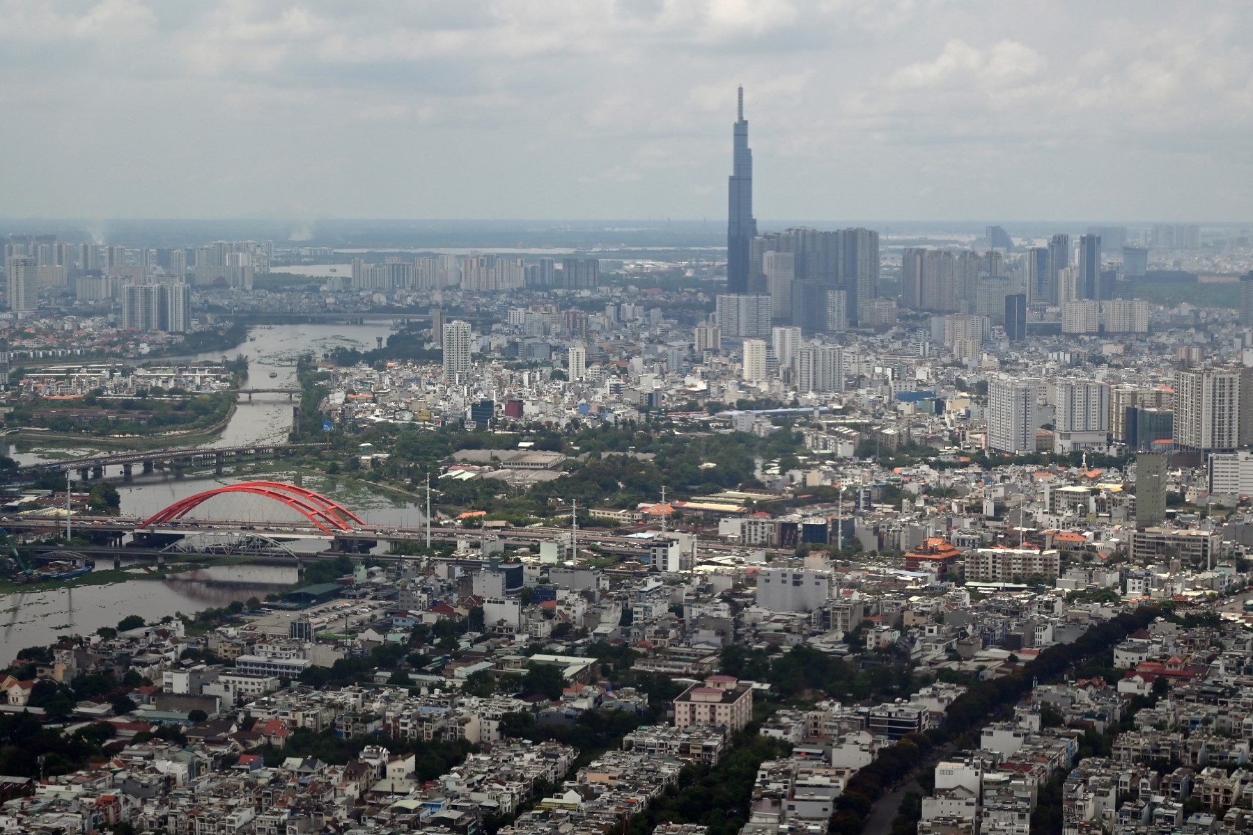 An aerial view shows the Landmark 81 skyscraper and the city skyline of Ho Chi Minh City