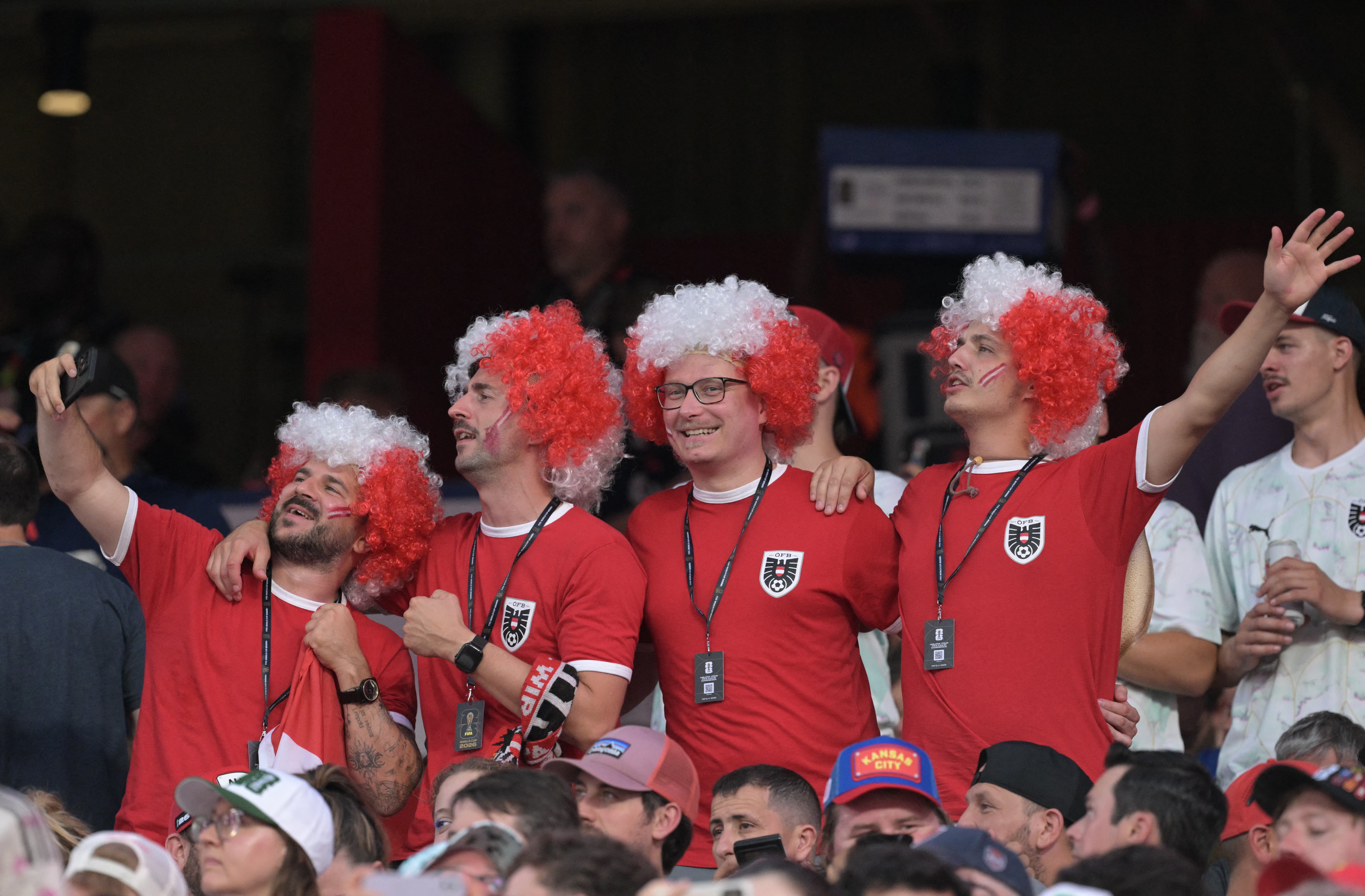 Austria fans cheer during the 2026 World Cup Group J football match between Algeria and Austria at the Kansas City Stadium in Kansas City on June 27, 2026. (Photo by JUAN MABROMATA / AFP)