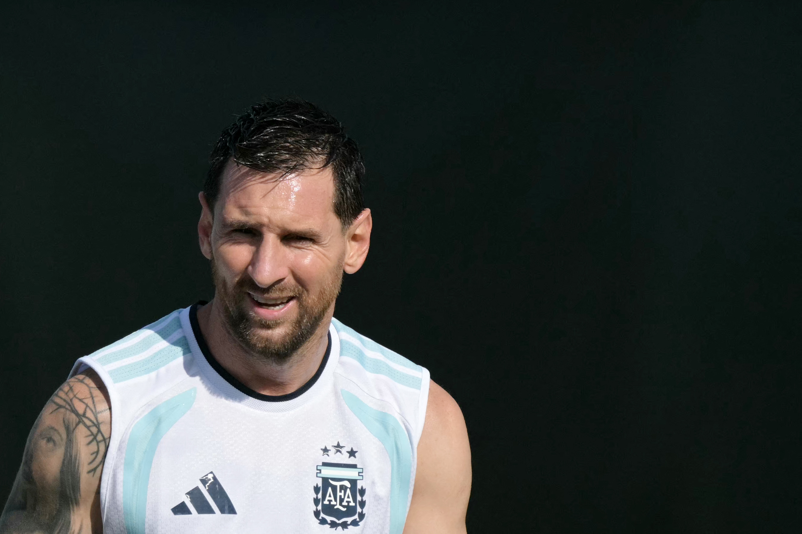 Argentina's forward #10 Lionel Messi takes part in a training session ahead of Argentina's 2026 World Cup football tournament round of 32 match against Cape Verde at Sporting KC Training Centre in Kansas City on June 29, 2026. (Photo by JUAN MABROMATA / AFP)
