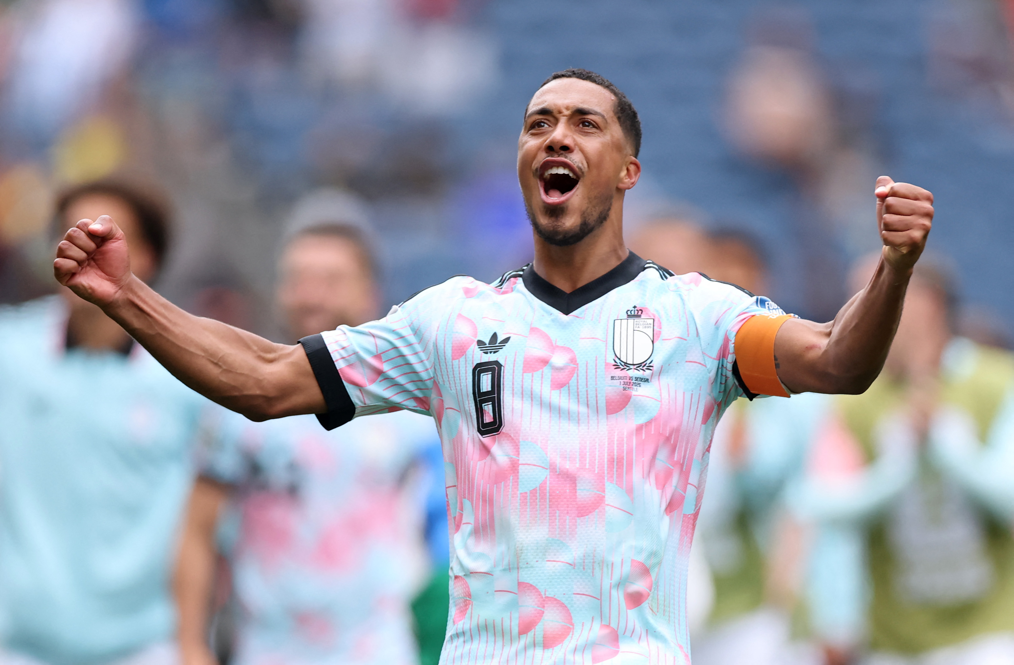SEATTLE, WASHINGTON - JULY 01: Youri Tielemans #8 of Belgium celebrates after the team's 3-2 victory in the FIFA World Cup 2026 Round Of 32 match between Belgium and Senegal at Seattle Stadium on July 01, 2026 in Seattle, Washington. Alex Grimm/Getty Images/AFP (Photo by ALEX GRIMM / GETTY IMAGES NORTH AMERICA / Getty Images via AFP)