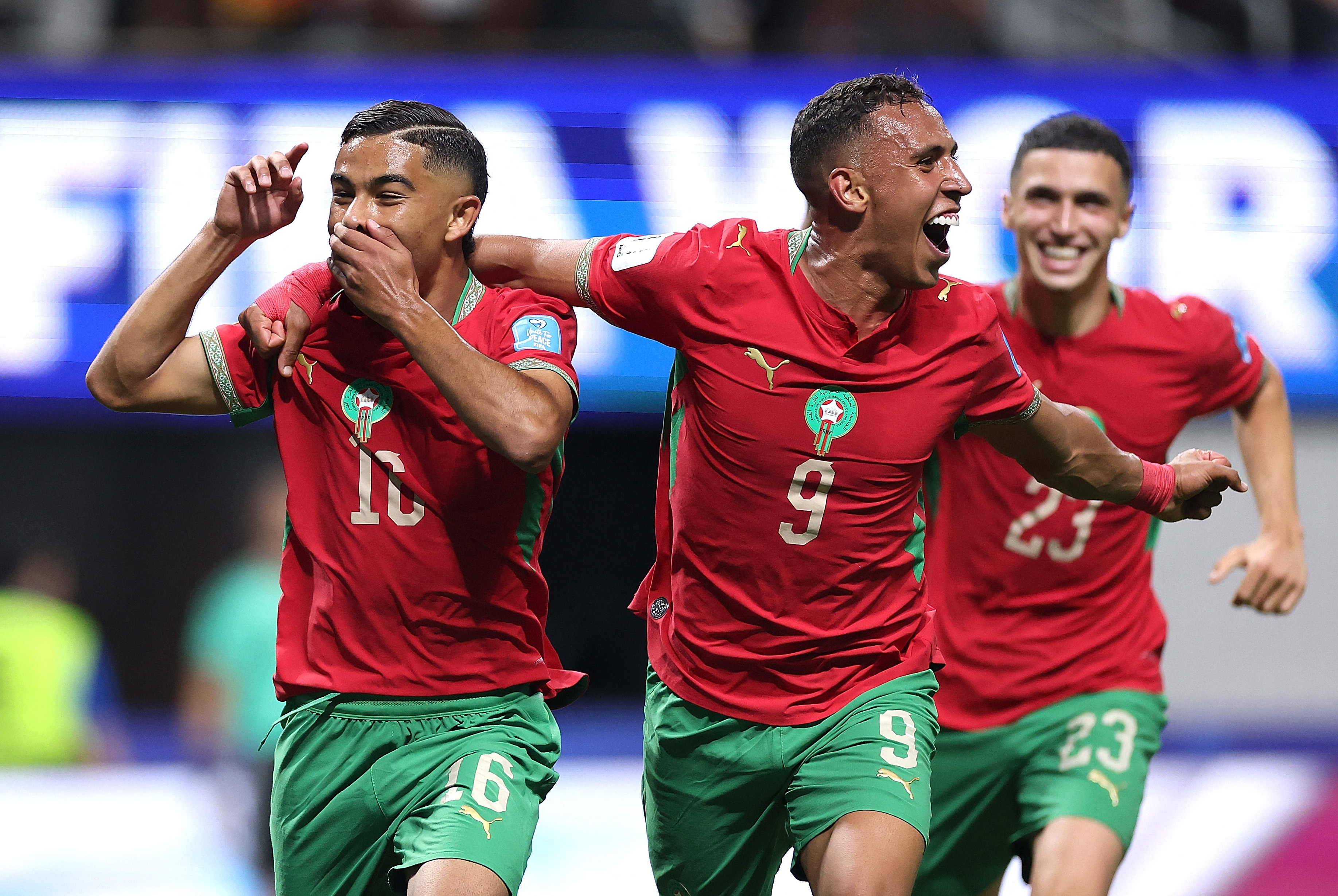 ATLANTA, GEORGIA - JUNE 24: Gessime Yassine #16 of Morocco celebrates with Soufiane Rahimi #9 after scoring his team's fourth goal during the FIFA World Cup 2026 Group C match between Morocco and Haiti at Atlanta Stadium on June 24, 2026 in Atlanta, Georgia. Kevin C. Cox/Getty Images/AFP (Photo by Kevin C. Cox / GETTY IMAGES NORTH AMERICA / Getty Images via AFP)