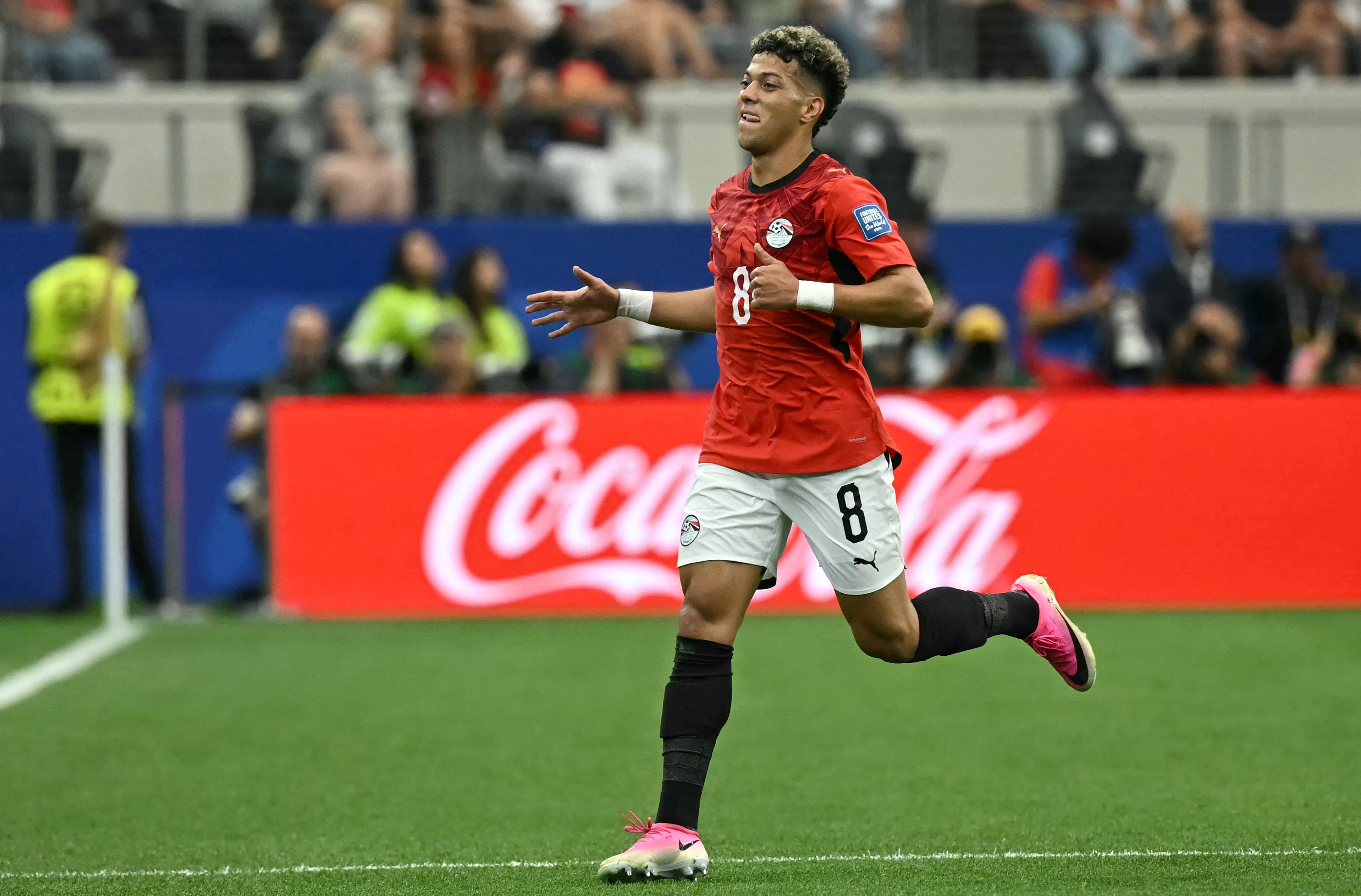 Egypt's midfielder #08 Emam Ashour celebrates after scoring the opening goal during the 2026 World Cup round of 32 football match between Australia and Egypt at the Dallas Stadium in Arlington on July 3, 2026. (Photo by Paul ELLIS / AFP)