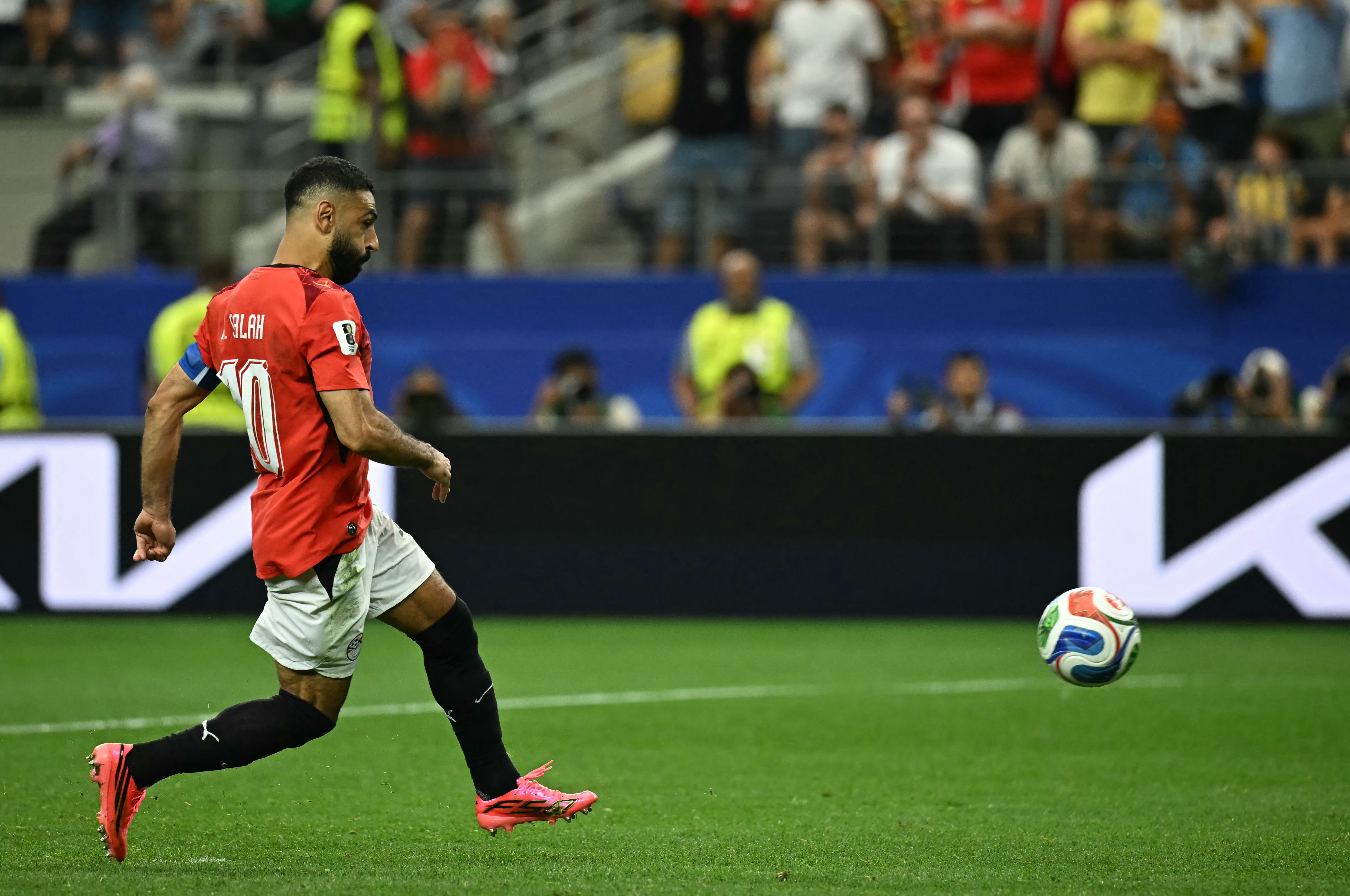 Salah shoots and scores in a penalty shoot-out during the 2026 World Cup round of 32 football match between Australia and Egypt at the Dallas Stadium in Arlington on July 3, 2026