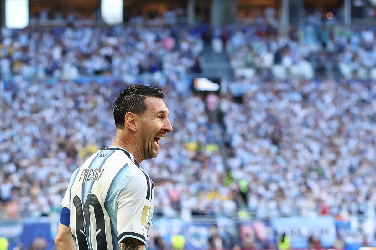 Argentina's forward Lionel Messi celebrates scoring his team's first goal during the 2026 World Cup round of 32 football match between Argentina and Cape Verde