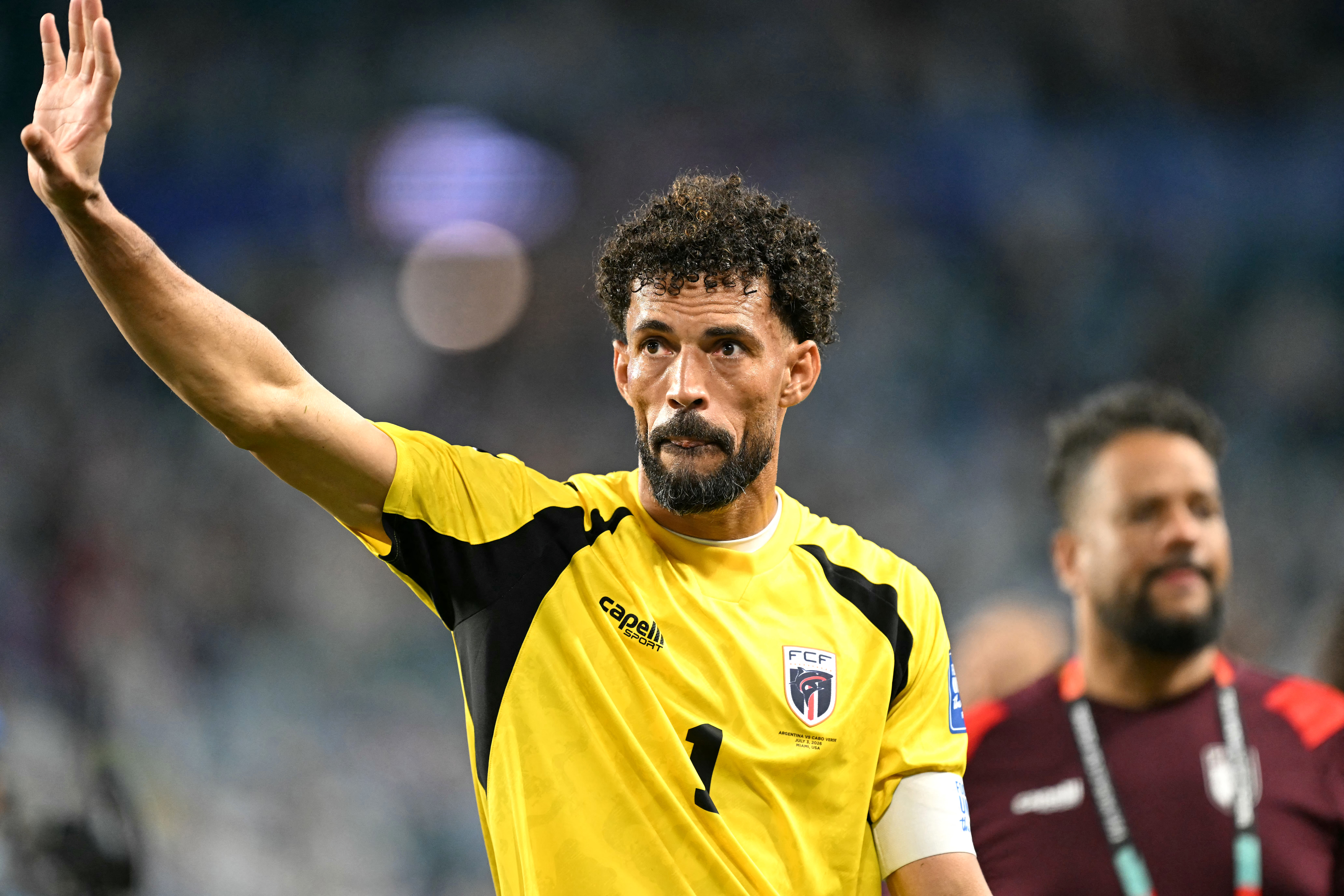 Cape Verde's goalkeeper #01 Vozinha waves after losing the 2026 World Cup round of 32 football match between Argentina and Cape Verde at the Miami Stadium in Miami Gardens on July 3, 2026. (Photo by CHANDAN KHANNA / AFP)