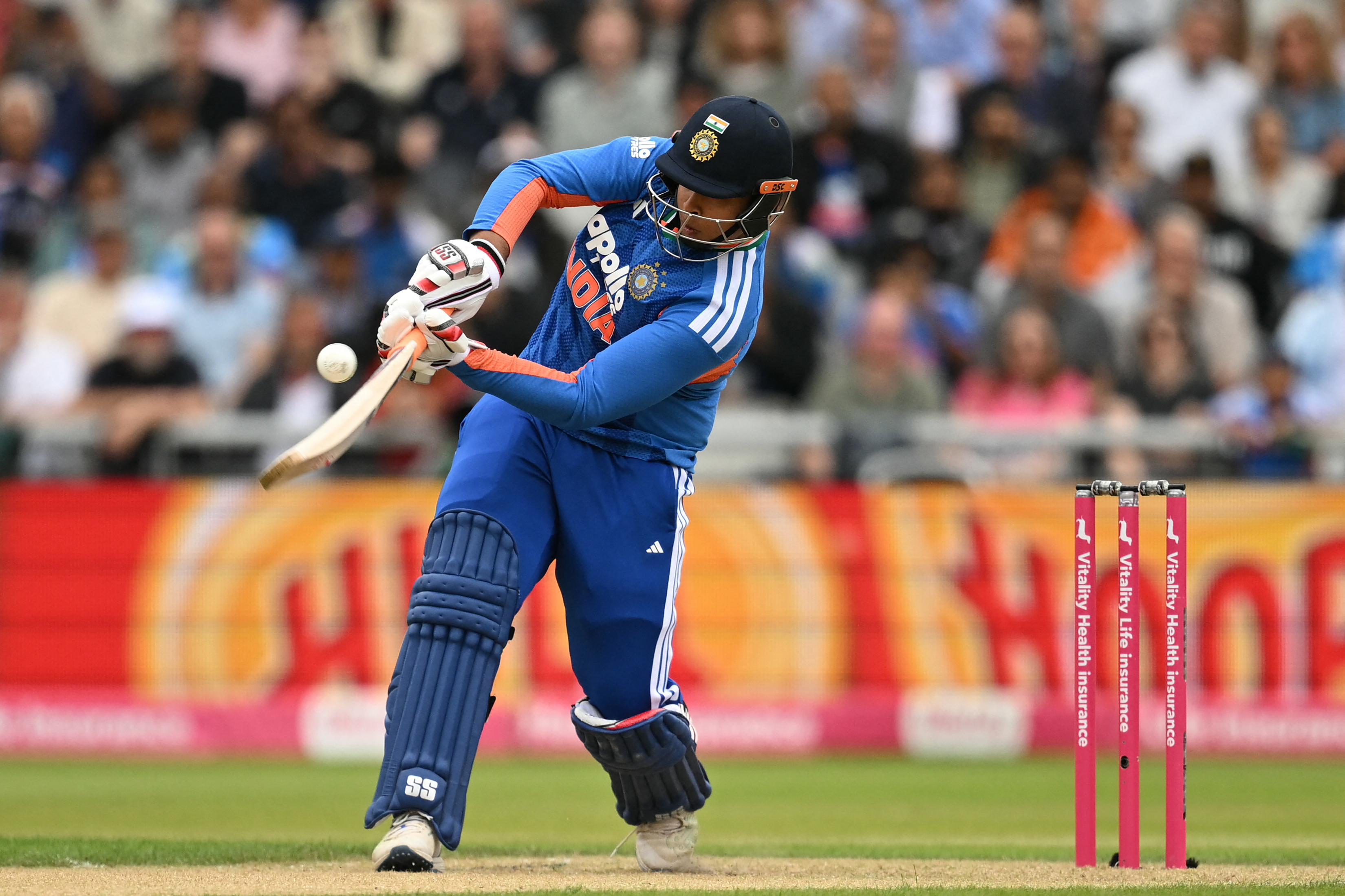 Sooryavanshi hits a six off the bowling of England’s Jofra Archer during the second T20 international cricket match between England and India at Old Trafford in Manchester, England on July 4, 2026