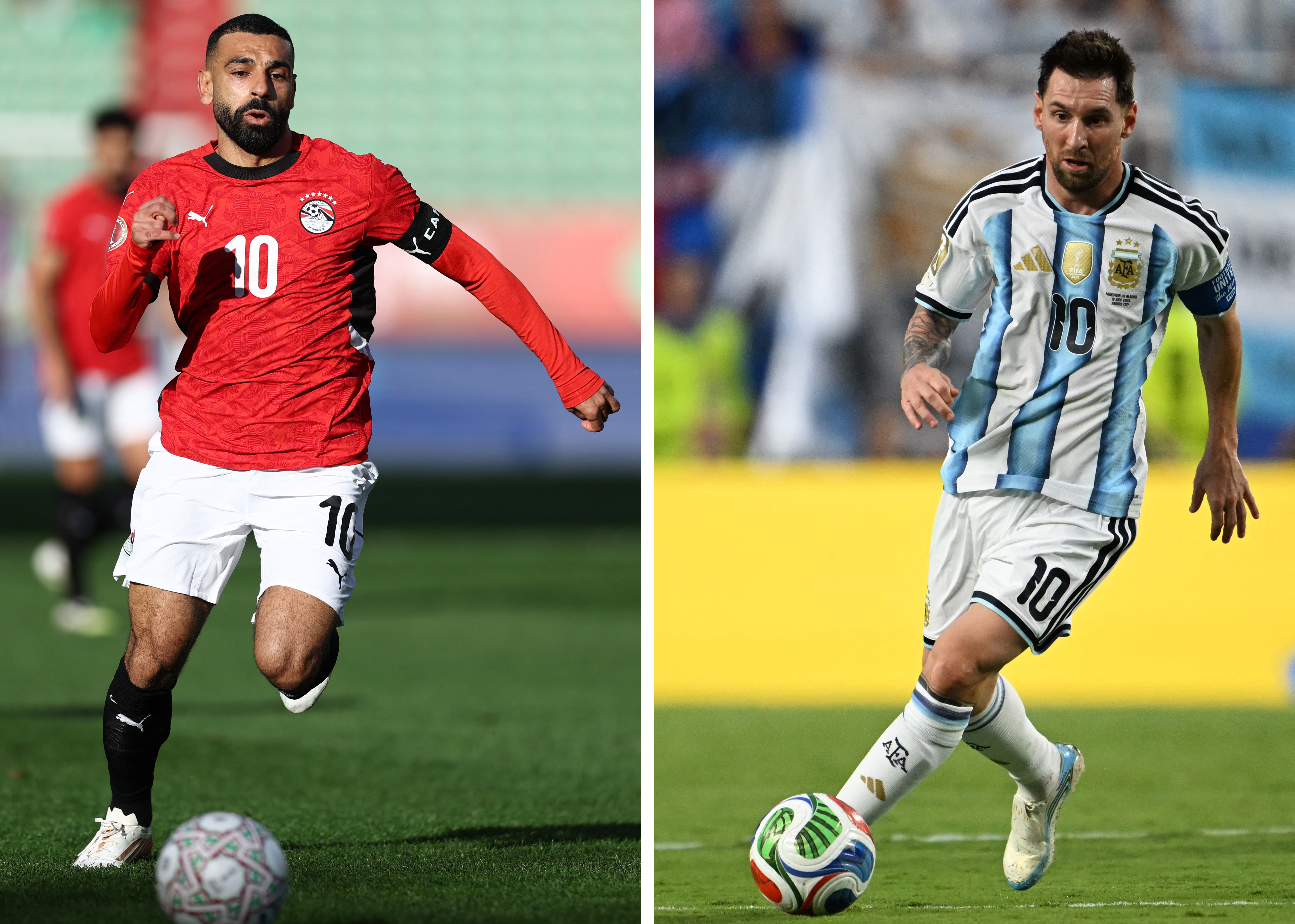 (COMBO) This combination of file photo created on July 5, 2026, shows Egypt's forward #10 Mohamed Salah in Agadir on January 5, 2026 (L); and Argentina's forward #10 Lionel Messi in Kansas City on June 16, 2026. Argentina and Egypt will meet in a 2026 World Cup round of 16 football at the Atlanta Stadium in Atlanta on July 7, 2026. (Photo by Franck FIFE and Roberto SCHMIDT / AFP)