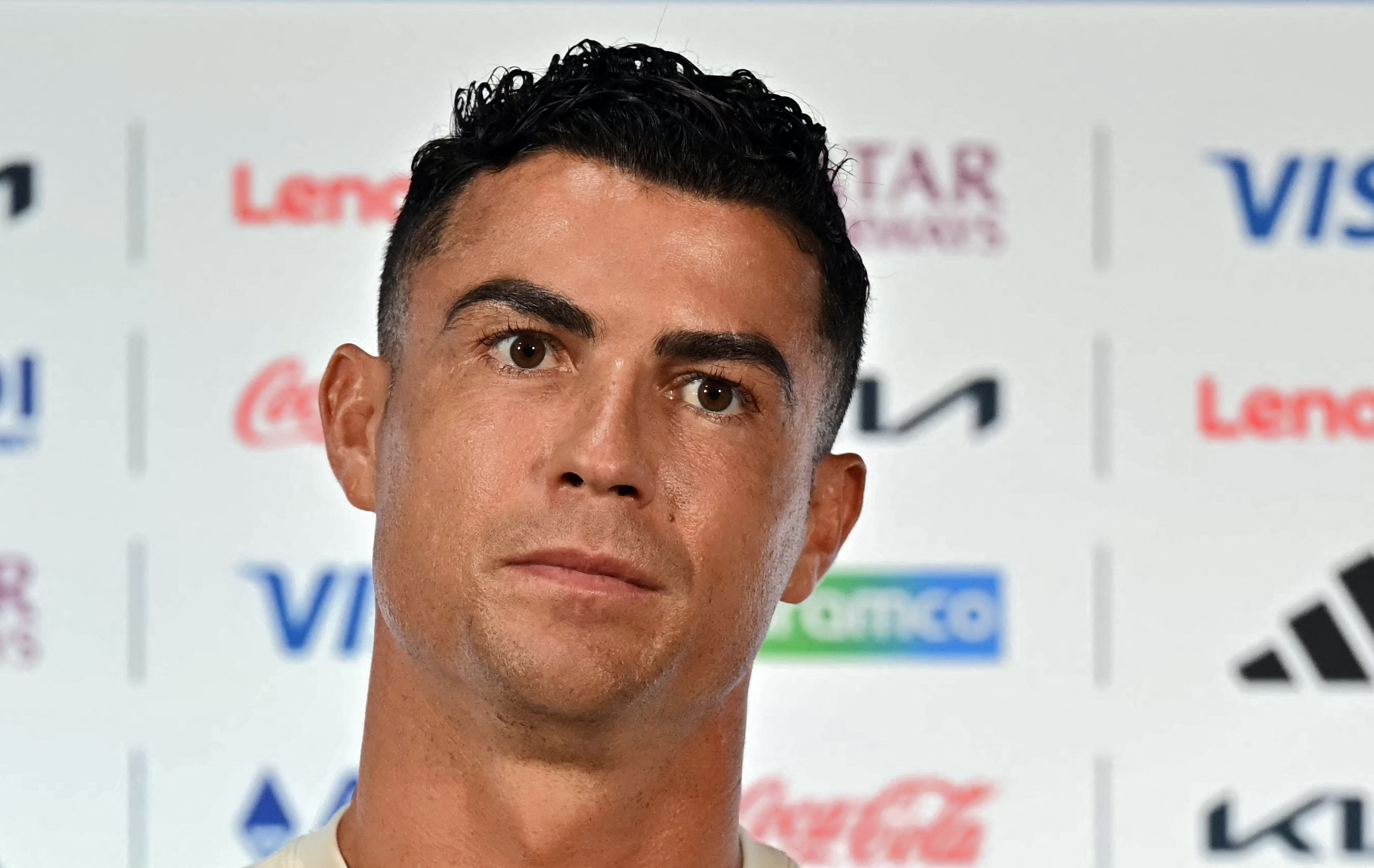 Portugal's forward #07 Cristiano Ronaldo answers to journalists during a press conference at the Dallas Stadium in Arlington, Texas on July 5, 2026, on the eve of the 2026 World Cup round of 16 football match between Portugal and Spain. (Photo by Paul ELLIS / AFP)