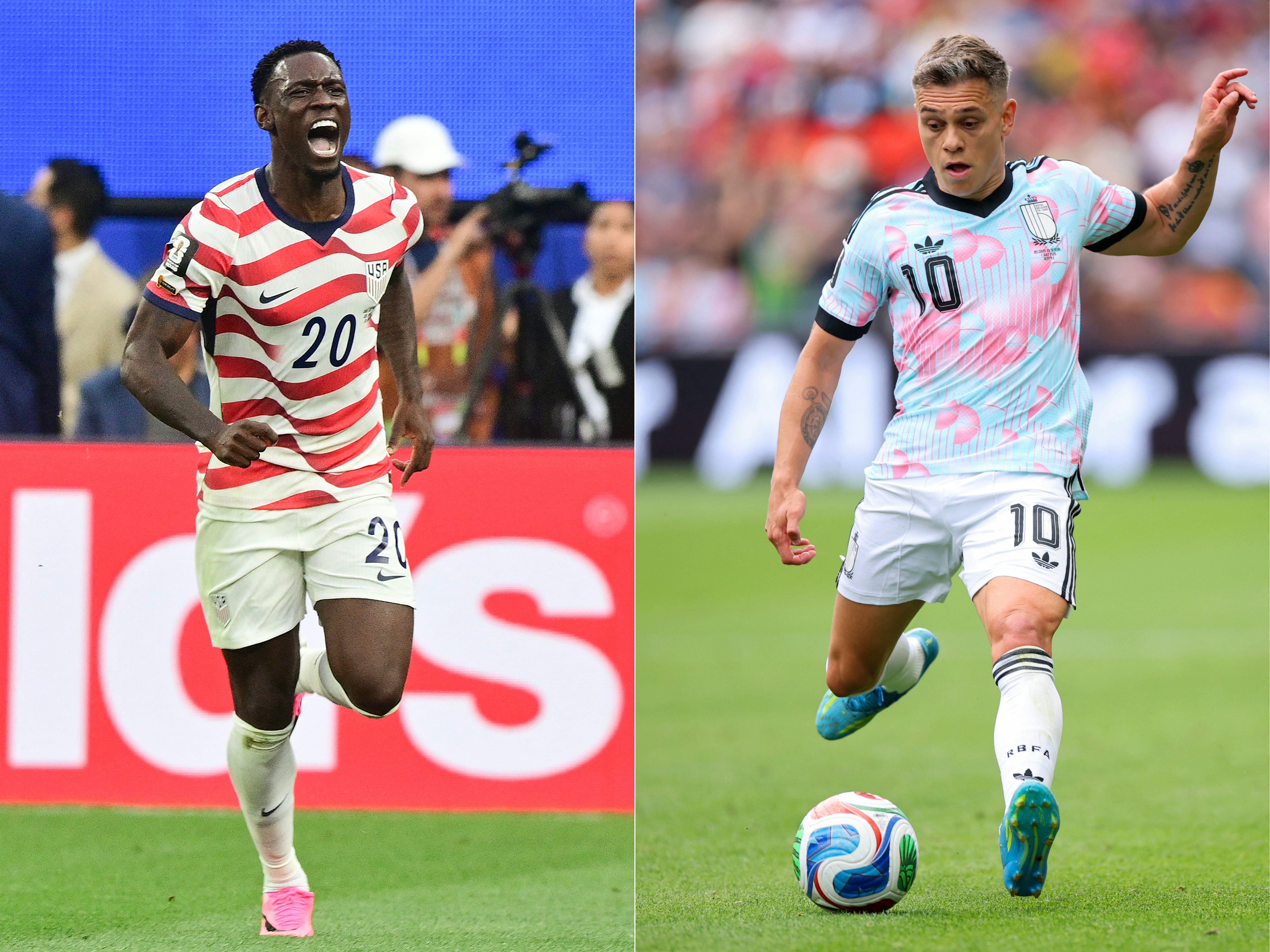 (COMBO) This combination of pictures created on July 05, 2026 shows US forward #20 Folarin Balogun at the Los Angeles Stadium in Inglewood on June 12, 2026nand Belgium's #10 Leandro Trossard #10 of Belgium controls the ball at Seattle Stadium on July 01, 2026 in Seattle, Washington during the FIFA World Cup 2026 football tournament. USA will face Belgium in their round of 16 World Cup 2026 match on July 6, 2026 in Seattle. (Photo by Frederic J. BROWN and ALEX GRIMM / various sources / AFP)