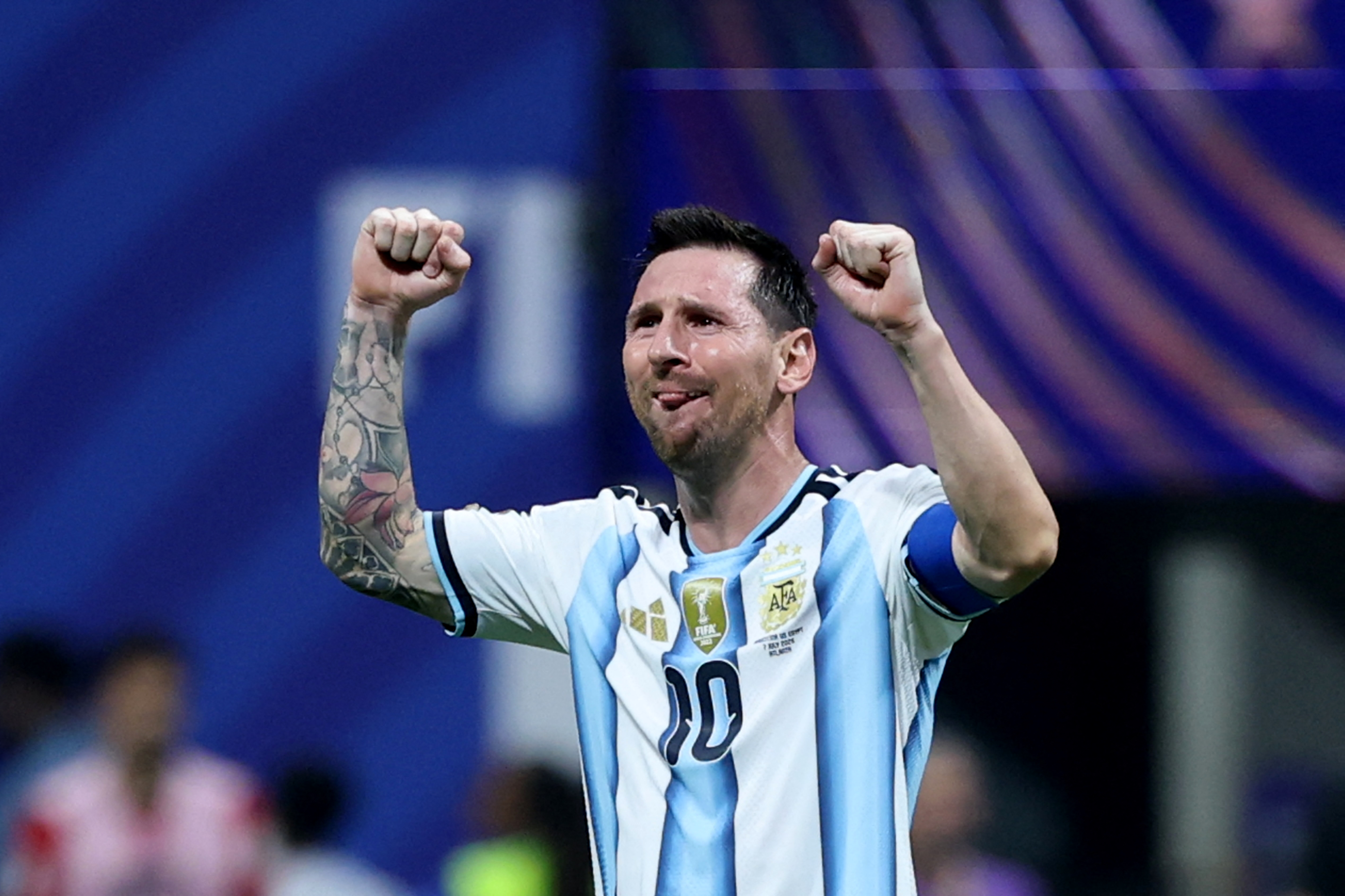Argentina's forward #10 Lionel Messi celebtates after winning the 2026 World Cup round of 16 football match between Argentina and Egypt at Atlanta Stadium in Atlanta on July 7, 2026. (Photo by Thomas COEX / AFP)
