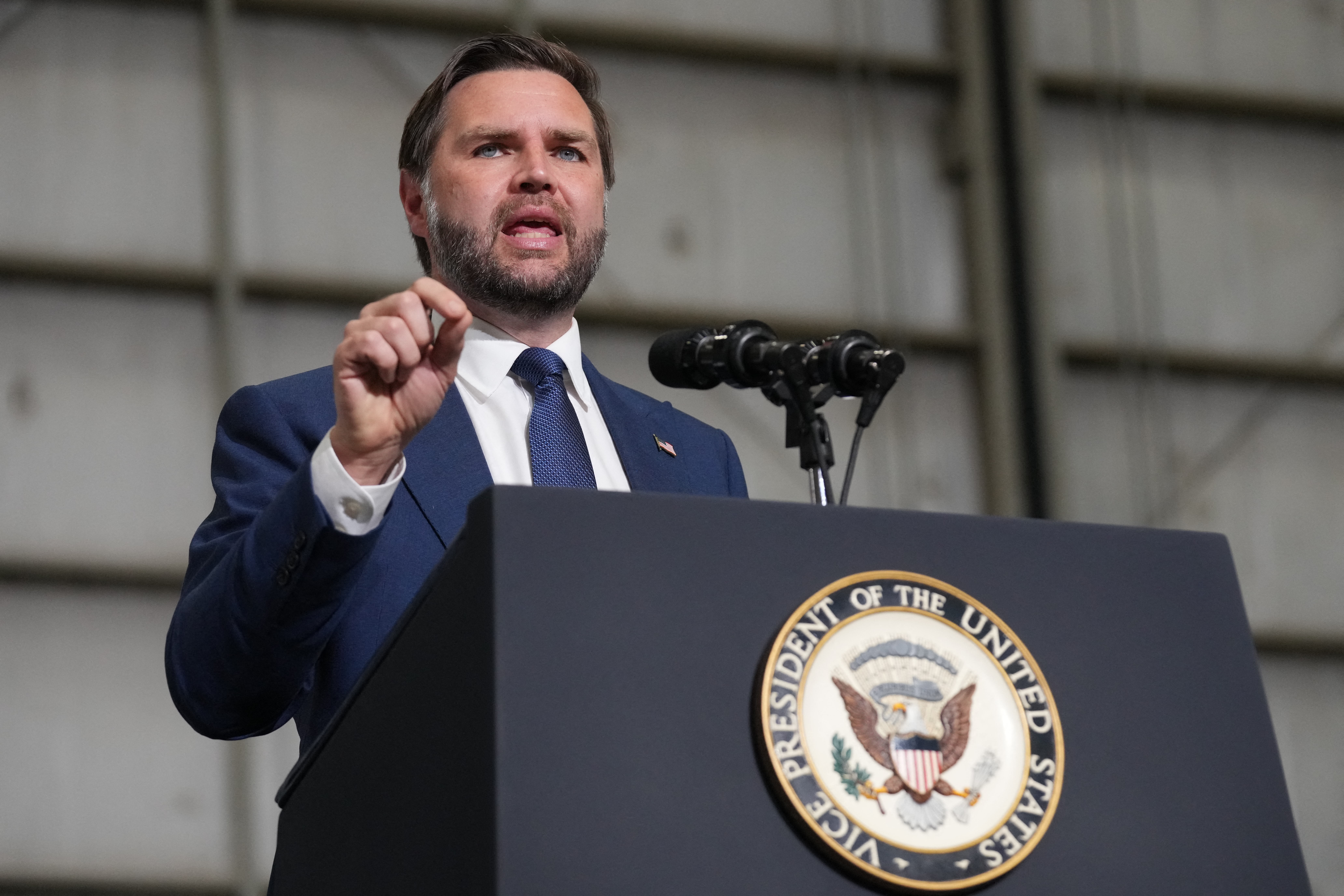 MILWAUKEE, WISCONSIN - JULY 8: U.S. Vice President JD Vance speaks at the Wisconsin Air National Guard facility at Milwaukee Mitchell International Airport on July 8, 2026, in Milwaukee, Wisconsin. Vance traveled to Milwaukee to deliver remarks on the Trump administration's anti-fraud initiatives. Mark Schiefelbein-Pool/Getty Images/AFP (Photo by POOL / GETTY IMAGES NORTH AMERICA / Getty Images via AFP)