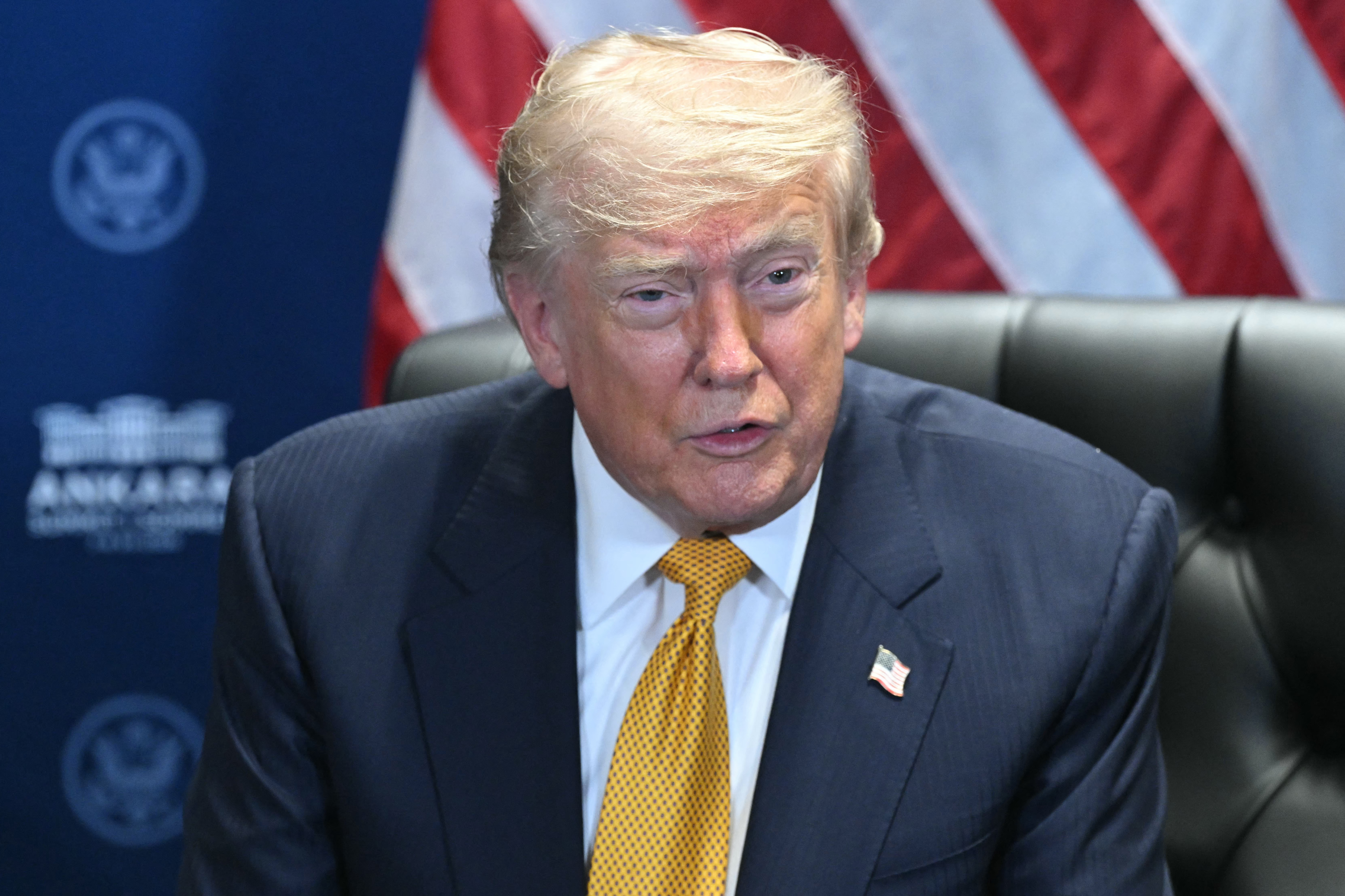 US President Donald Trump speaks as he meets with NATO Secretary General on the sidelines of the NATO summit in Ankara [File: AFP]