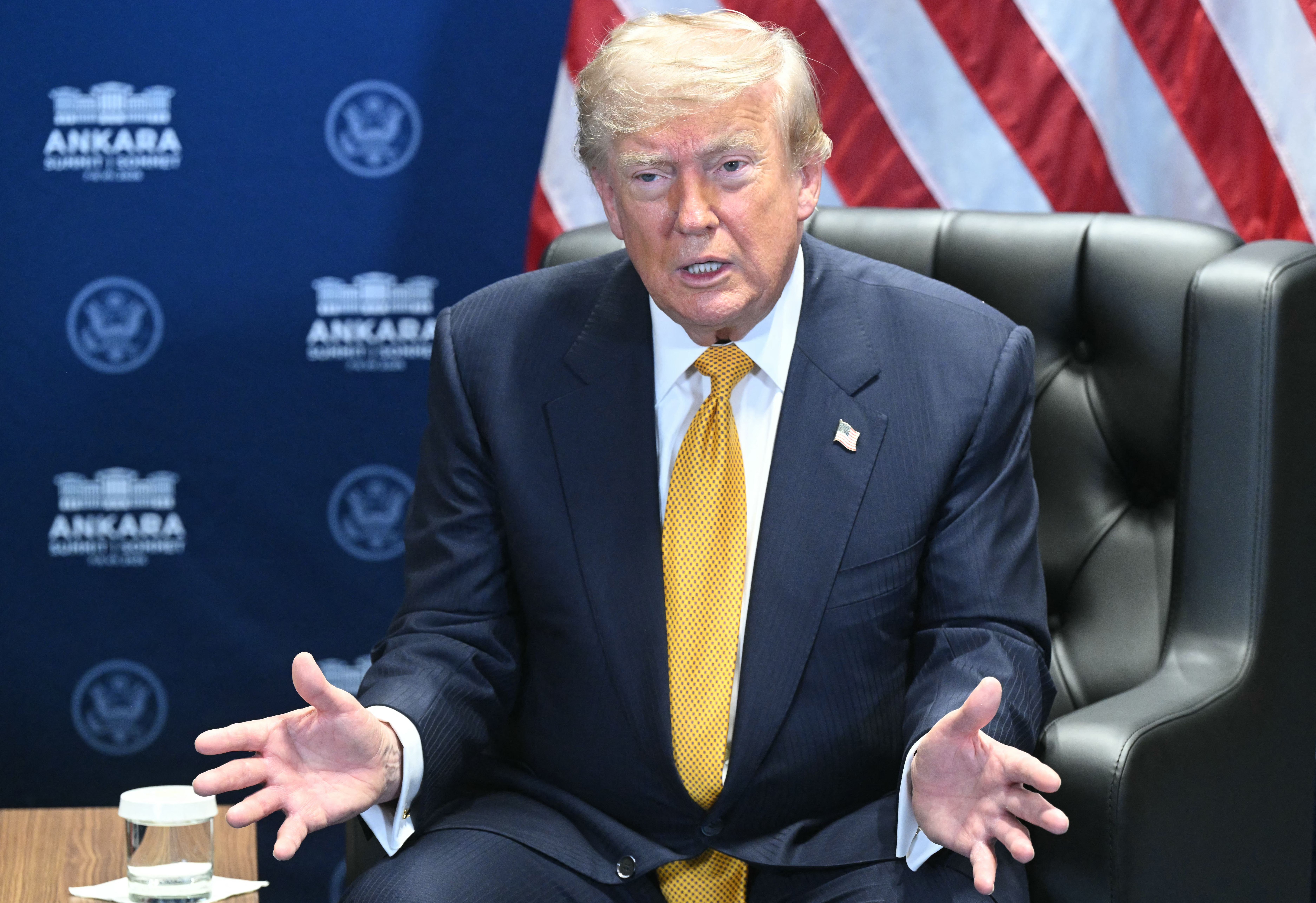 US President Donald Trump speaks as he meets with the NATO secretary-general on the sidelines of the NATO summit in Ankara, Turkiye on July 8, 2026