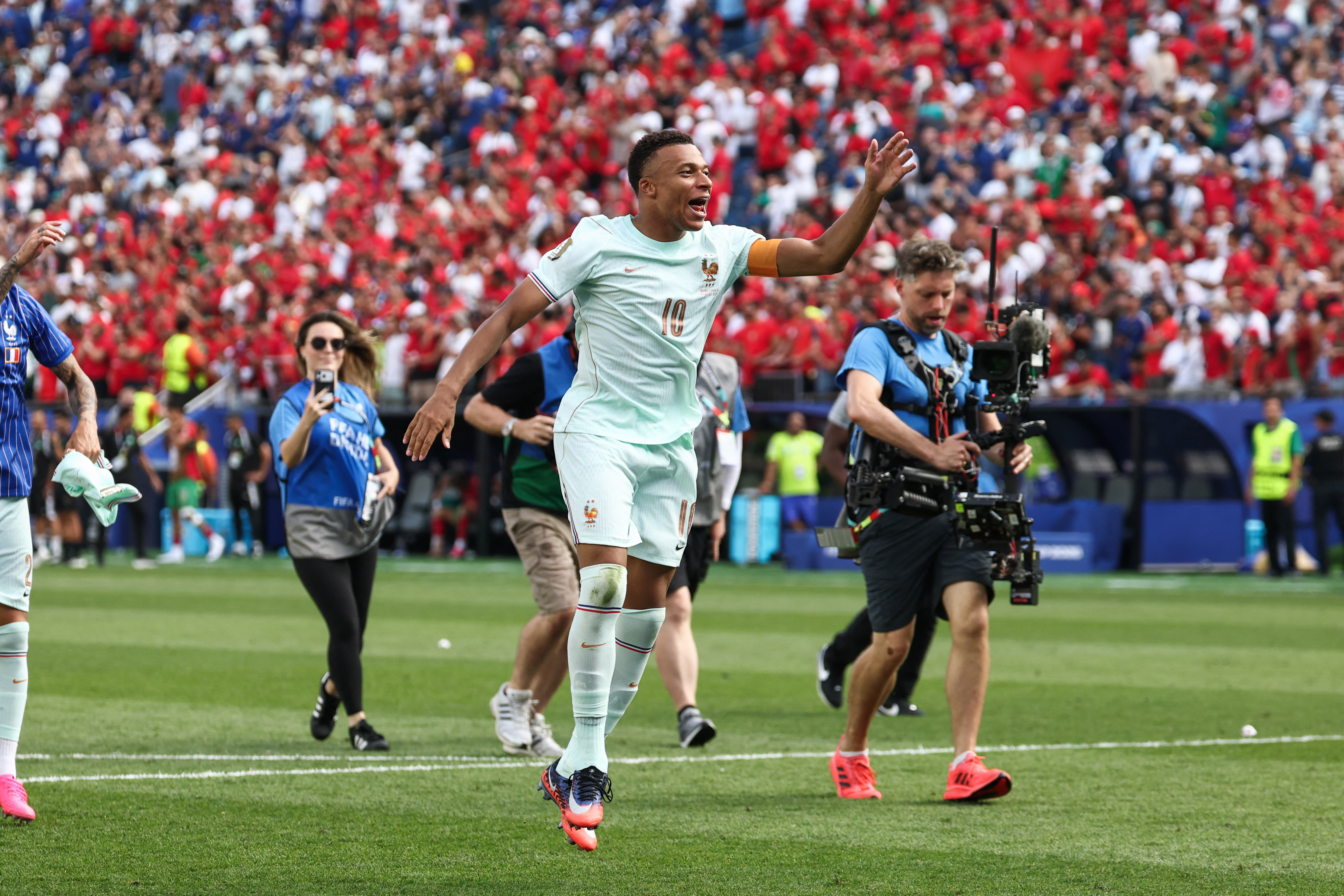 France’s Kylian Mbappe celebrates after winning the 2026 World Cup quarterfinal against Morocco at Boston Stadium on July 9, 2026