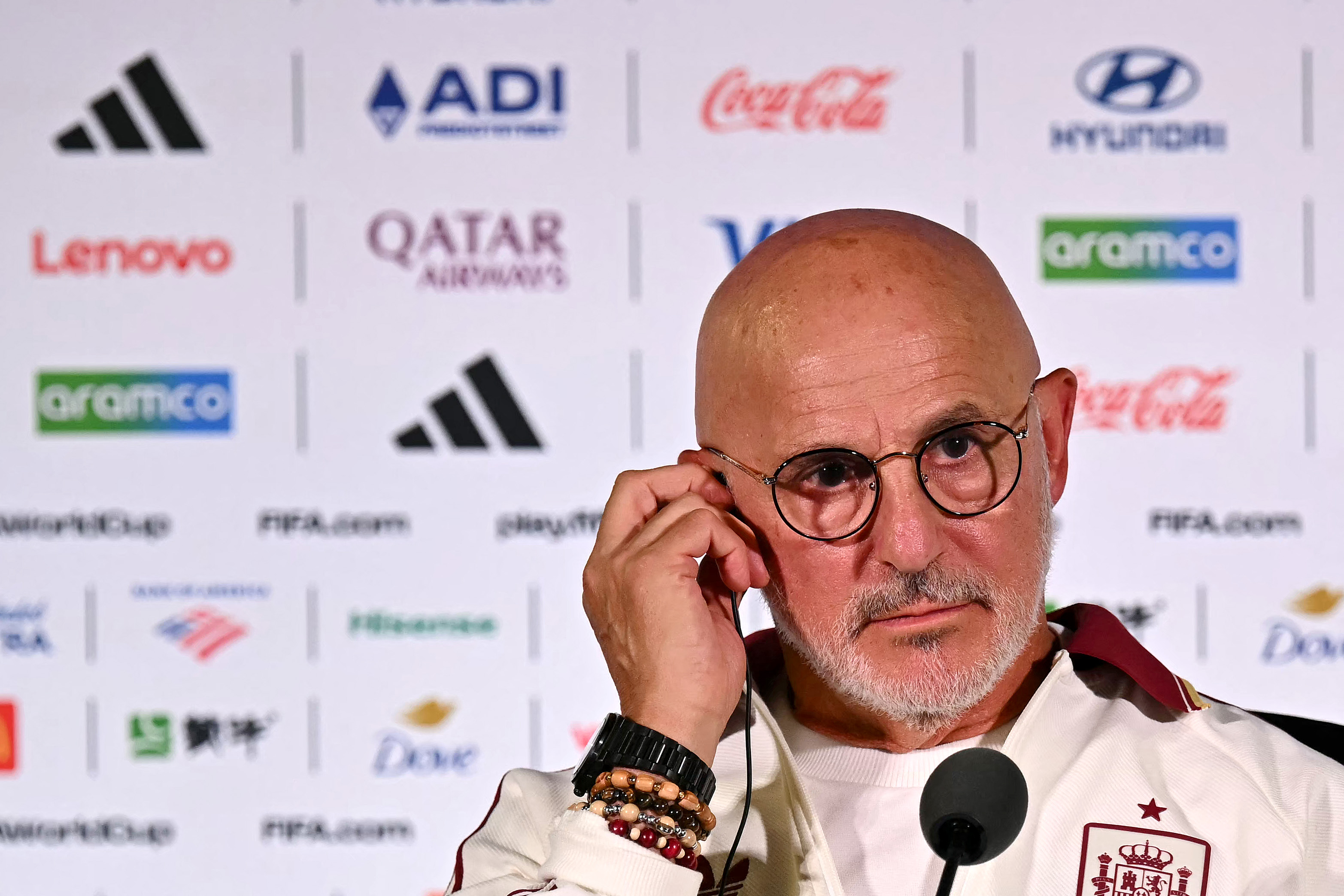 Spain's head coach Luis de la Fuente gives an MD-1 press conference at Los Angeles Stadium in Inglewood on July 9, 2026, on the eve of the 2026 World Cup football tournament quarter-final match between Spain and Belgium. (Photo by Paul ELLIS / AFP)