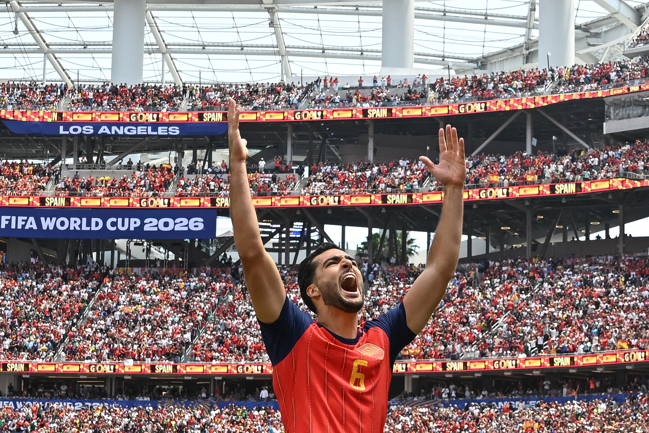 Mikel Merino celebrates scoring his team’s second goal against Belgium in the quarterfinals