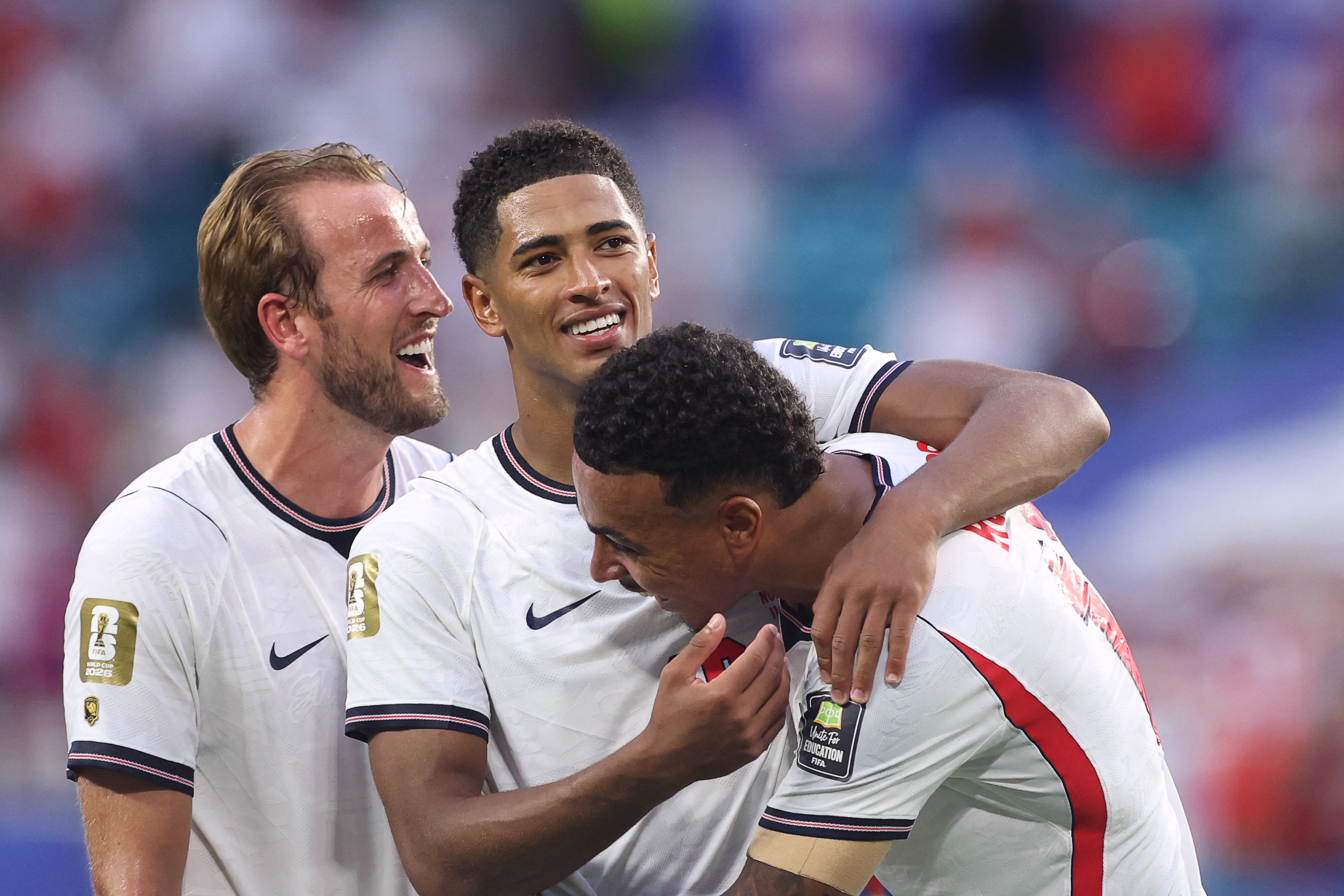 England’s Harry Kane, left, Jude Bellingham, centre, and Morgan Rogers celebrate after winning their quarterfinal match against Norway at Miami Stadium on July 11, 2026