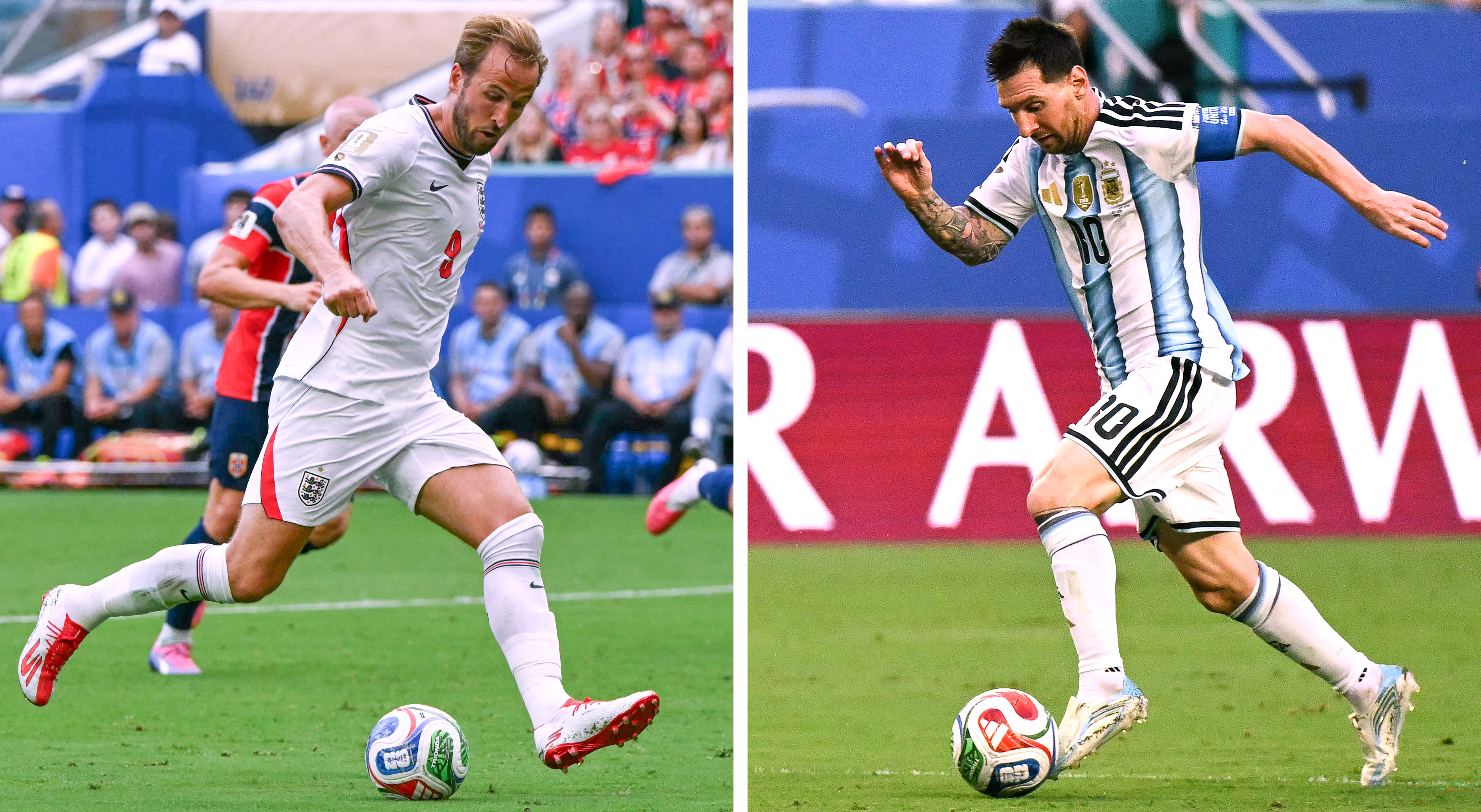 (COMBO) This combination of file photos created on July 12, 2026, shows England's forward #09 Harry Kane in Miami on July 11, 2026 (L); and Argentina's forward #10 Lionel Messi in Miami Gardens on July 3, 2026. England and Argentina will meet in a 2026 World Cup semi-final football match at the Atlanta Stadium in Atlanta on July 15, 2026. (Photo by Roberto SCHMIDT and Chandan KHANNA / AFP)