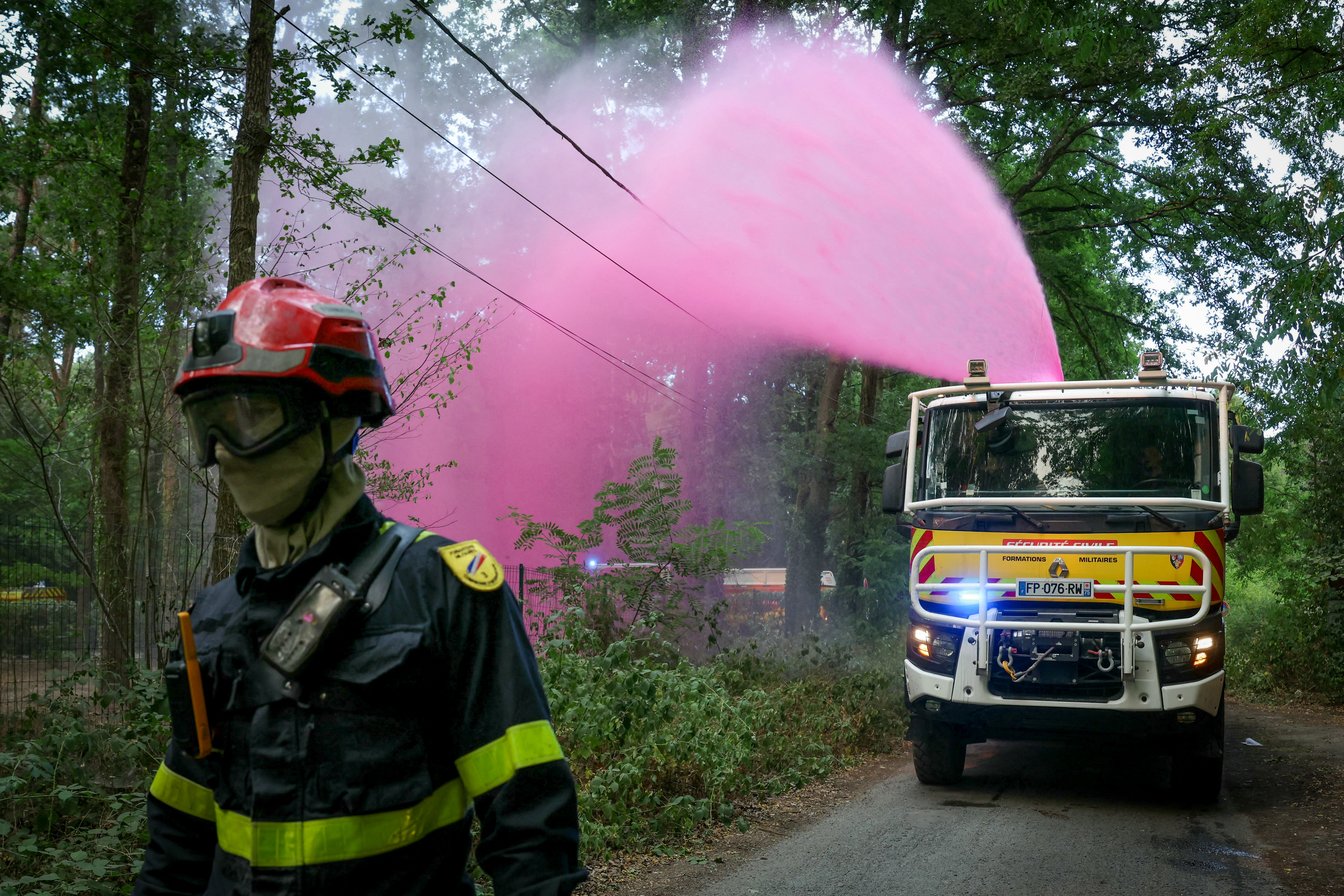 firefighters works to extinguish flames in the Fontainebleau forest