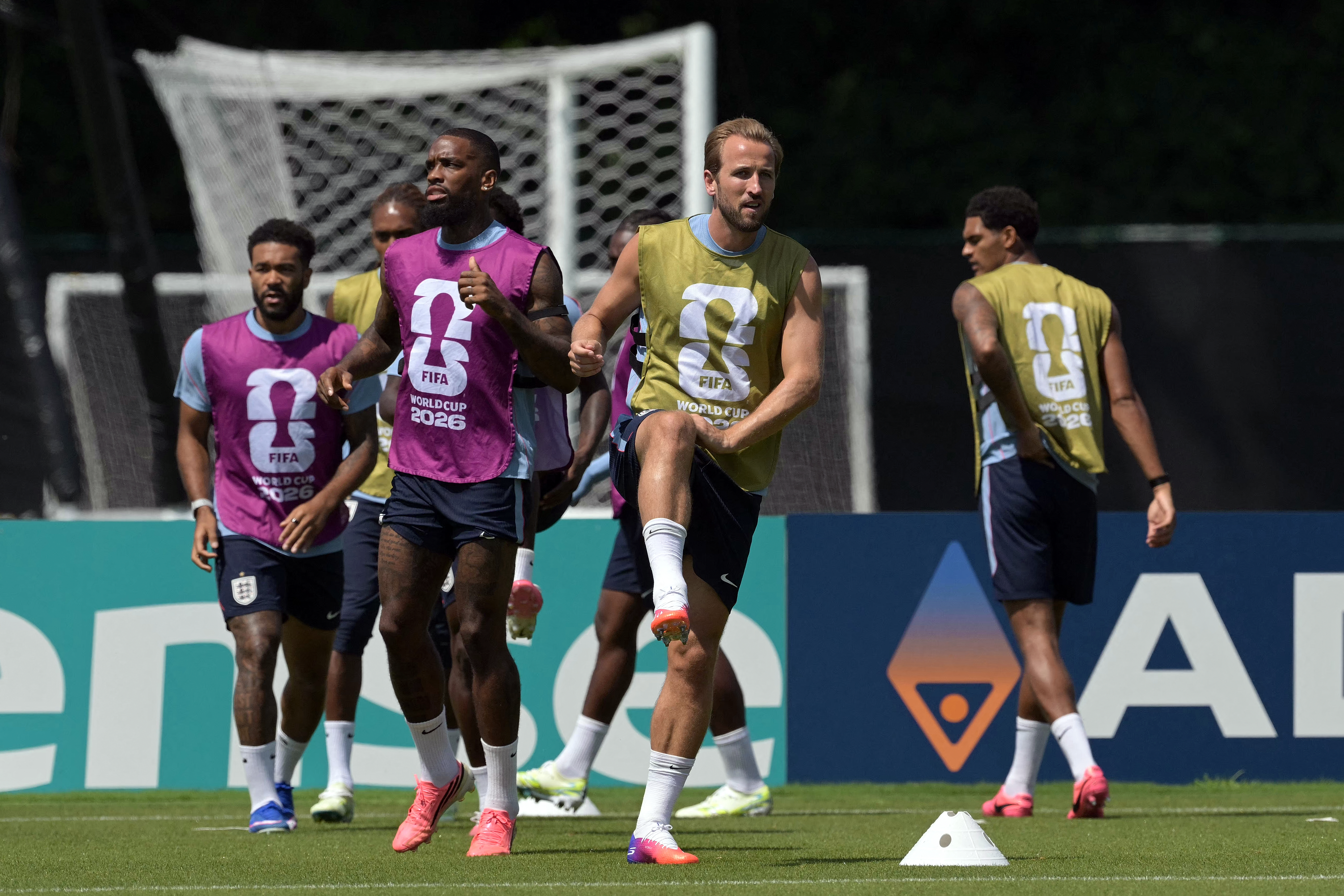 England's forward #09 Harry Kane (C) takes part in a training session on the eve of the 2026 World Cup football tournament semi-final match between England and Argentina, at Swope Soccer Village in Kansas City on July 14, 2026. (Photo by JUAN MABROMATA / AFP)