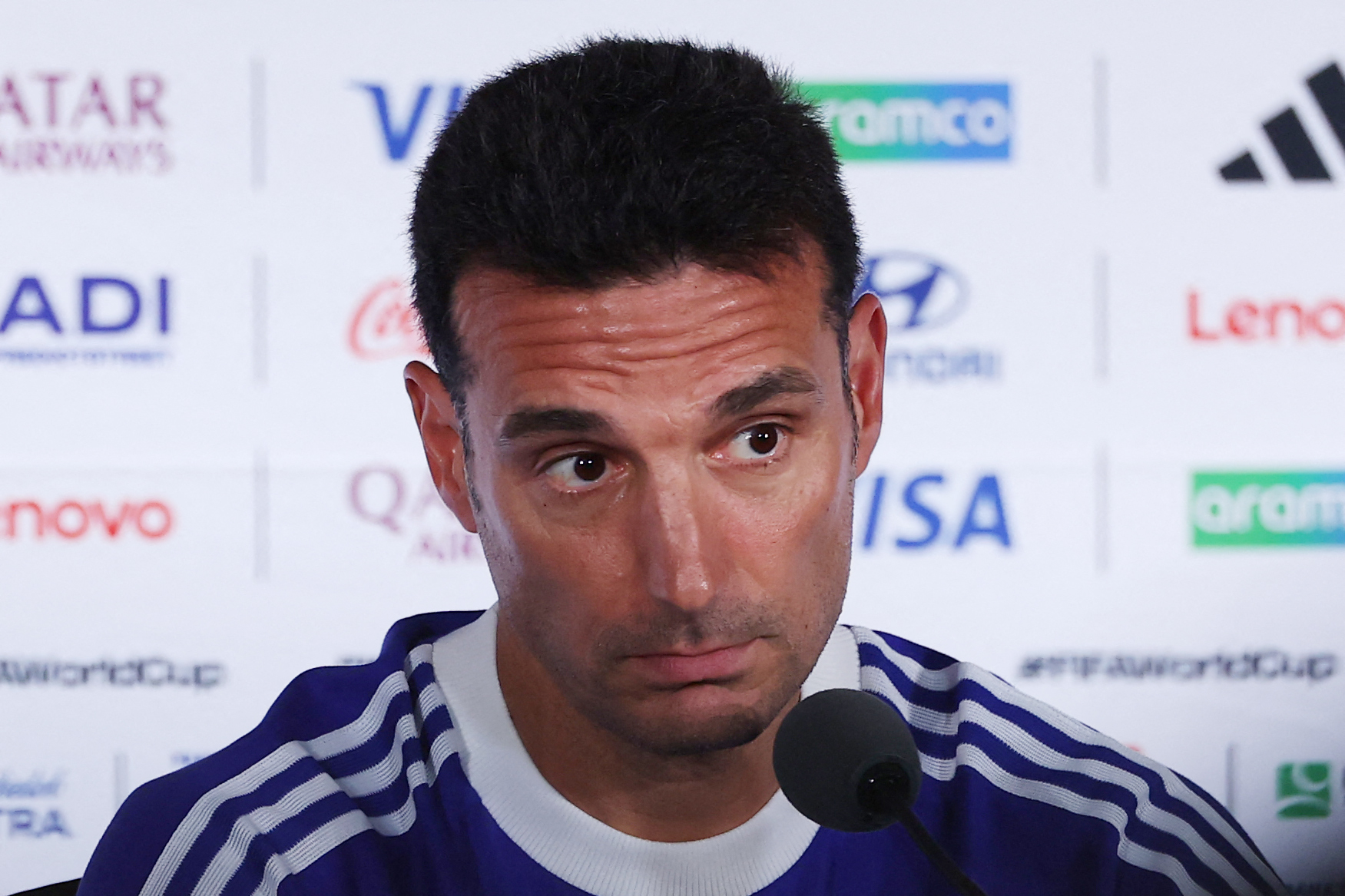 Argentina's head coach Lionel Scaloni gives an MD-1 press conference at the Atlanta Stadium in Atlanta on July 14, 2026, on the eve of the 2026 World Cup football tournament semi-final match between England and Argentina. (Photo by Thomas COEX / AFP)