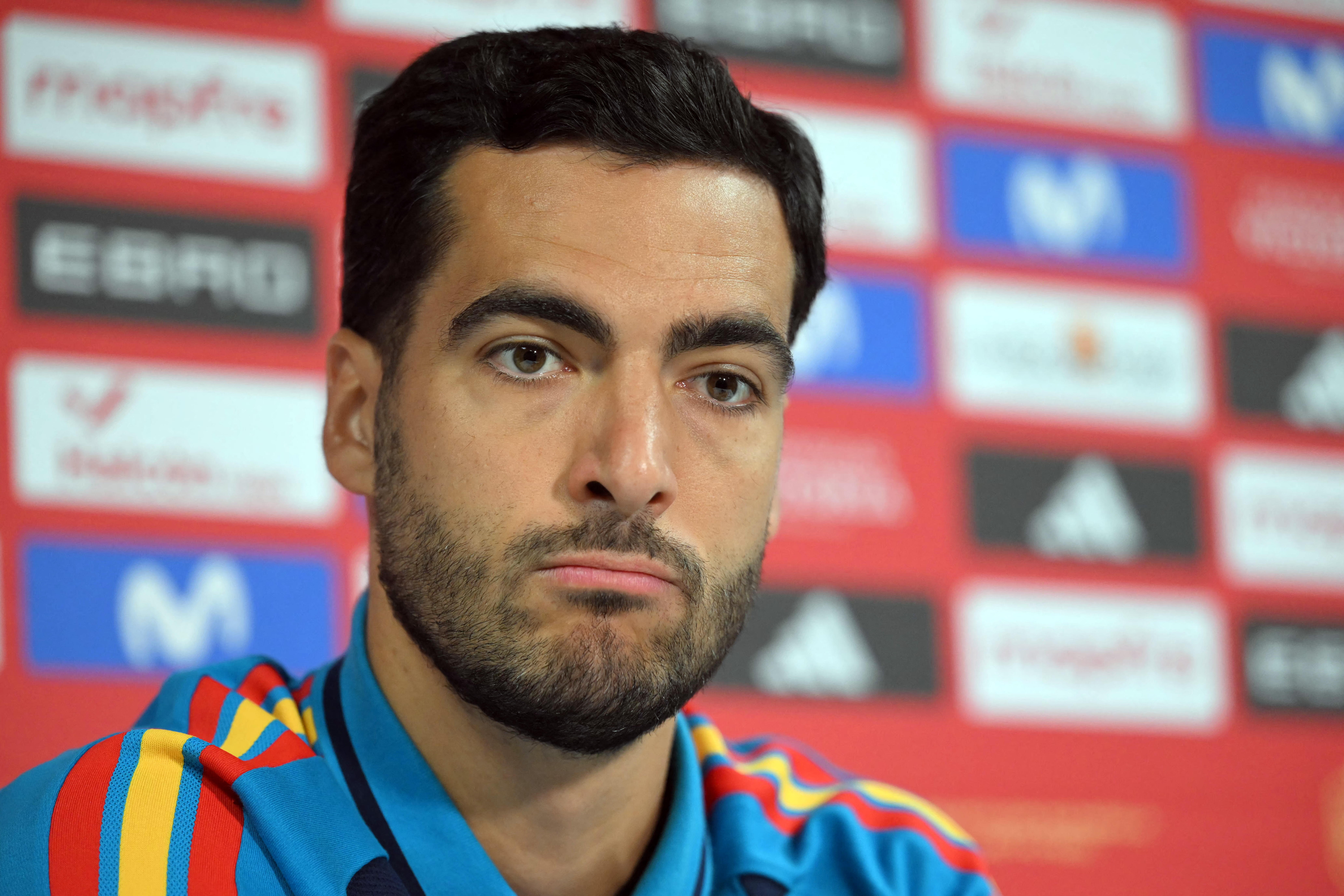 Spain's midfielder #06 Mikel Merino gives a press conference two days ahead of the 2026 World Cup football tournament final match at Melanie Lane Training Grounds in East Hanover on July 17, 2026. (Photo by MAURO PIMENTEL / AFP)
