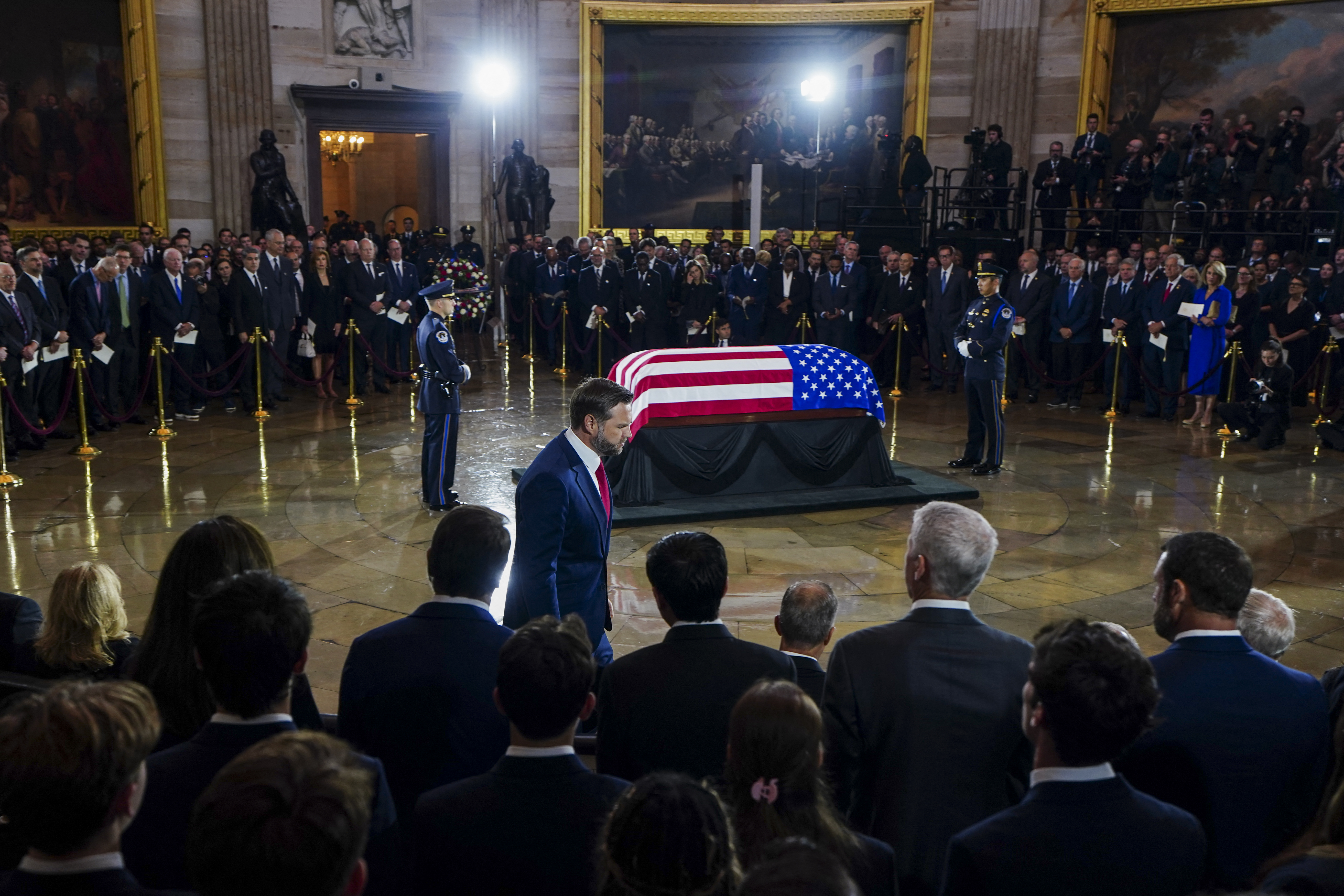 US Vice President JD Vance returns to his seat after delivering remarks during a Congressional tribute to late US Senator Lindsey Graham in the Rotunda of the US Capitol in Washington, DC, on July 28, 2026. Graham, a South Carolina Republican and key Trump ally who was elected to the Senate four times, died at age 71 on July 11. (Photo by Nathan Howard / POOL / AFP)
