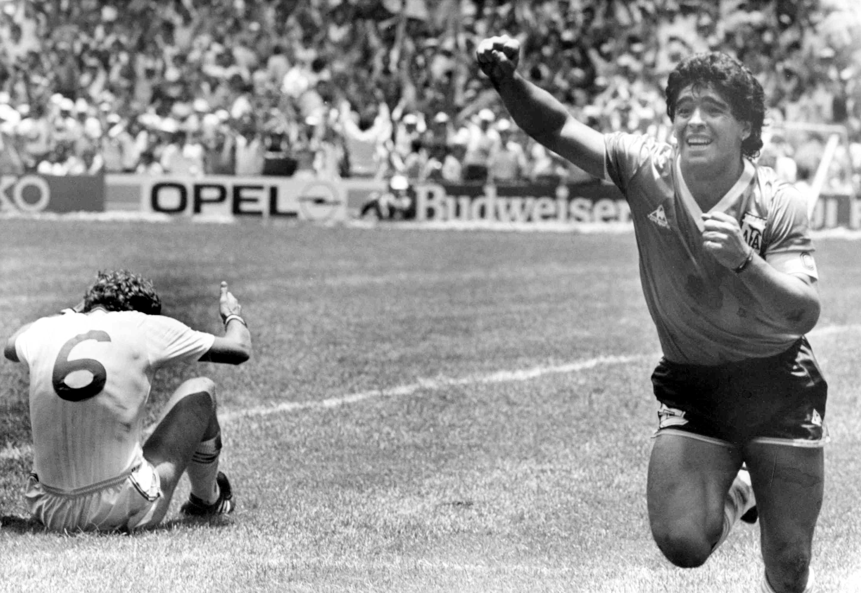 Argentina’s Diego Maradona celebrates his second goal against England in the World Cup quarterfinal, in Mexico City, Mexico, on June 22, 1986