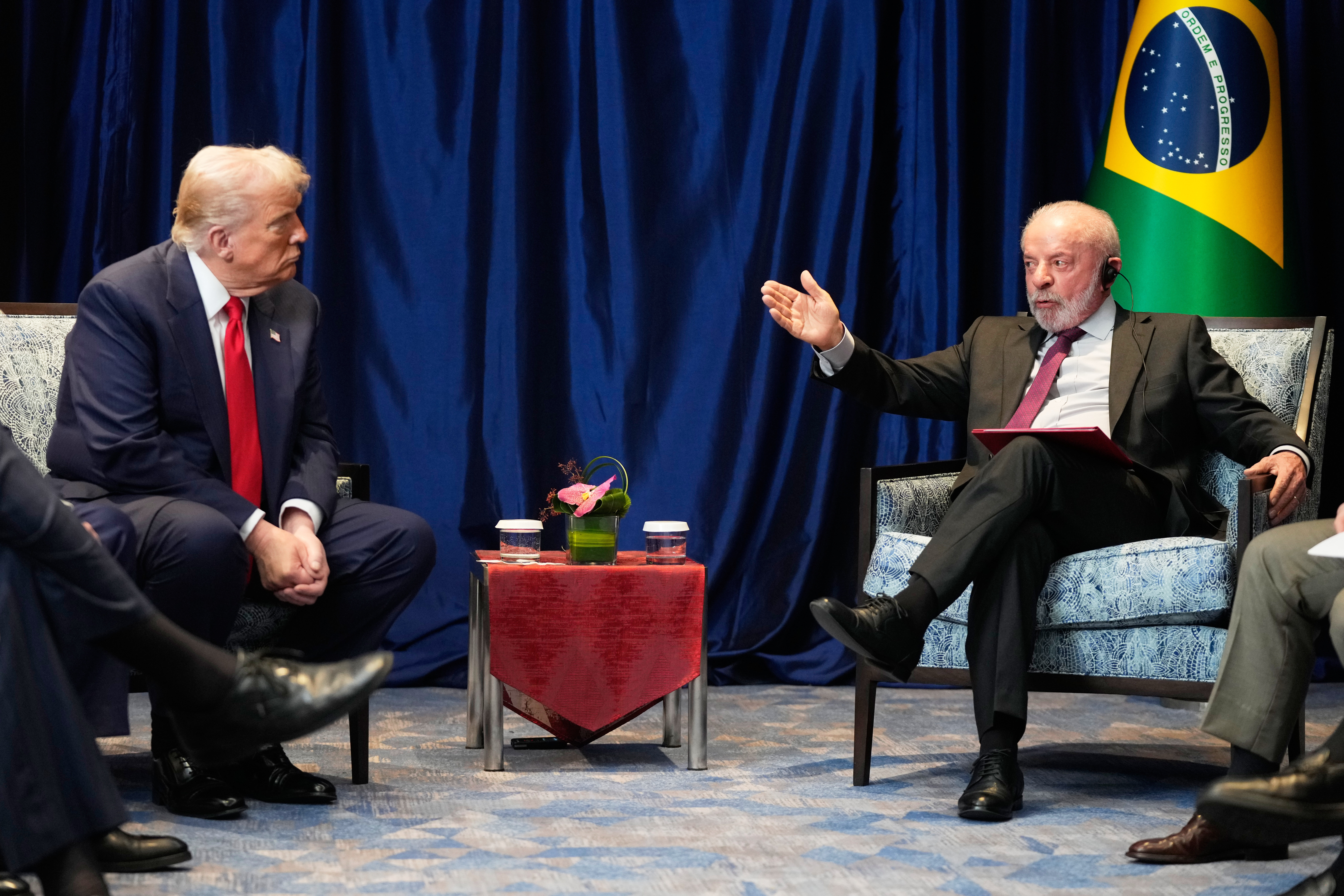 FILE - President Donald Trump meets with Brazil's President Luiz Inacio Lula da Silva on the sidelines of the ASEAN Summit in Kuala Lumpur, Malaysia, Oct. 26, 2025. (AP Photo/Mark Schiefelbein, File)
