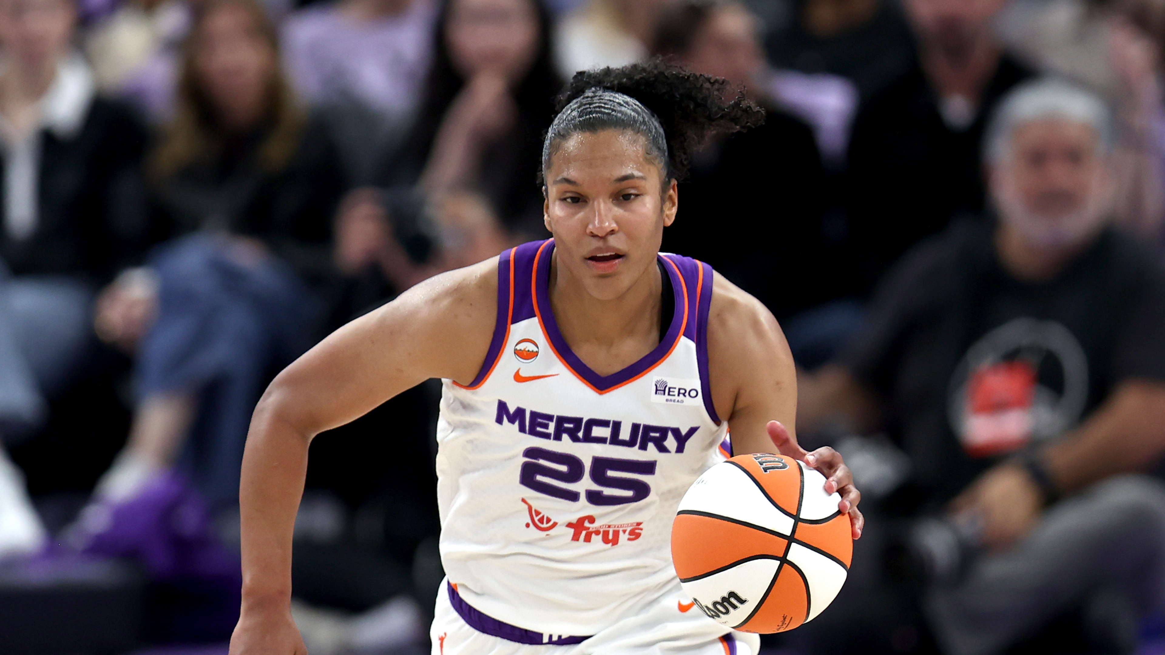 Phoenix Mercury forward Alyssa Thomas (25) dribbles during a WNBA basketball game against the Golden State Valkyries in San Francisco, Sunday, May 10, 2026. (AP Photo/Scot Tucker)