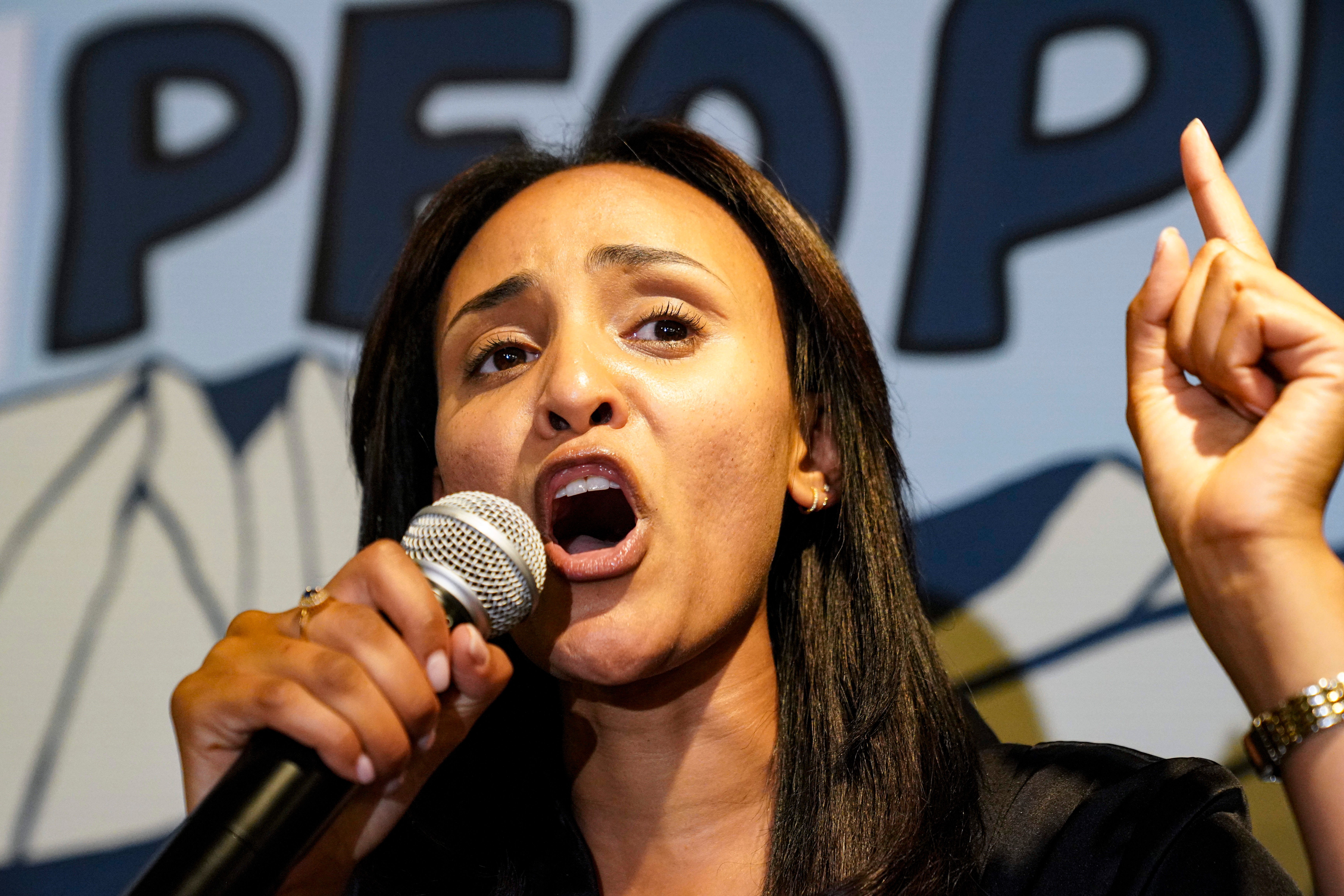 Democratic congressional candidate Melat Kiros speaks after winning the Democratic nomination during a primary election night watch party at The Broadway, Tuesday, June 30, 2026, in Denver. (AP Photo/Rebecca Slezak)