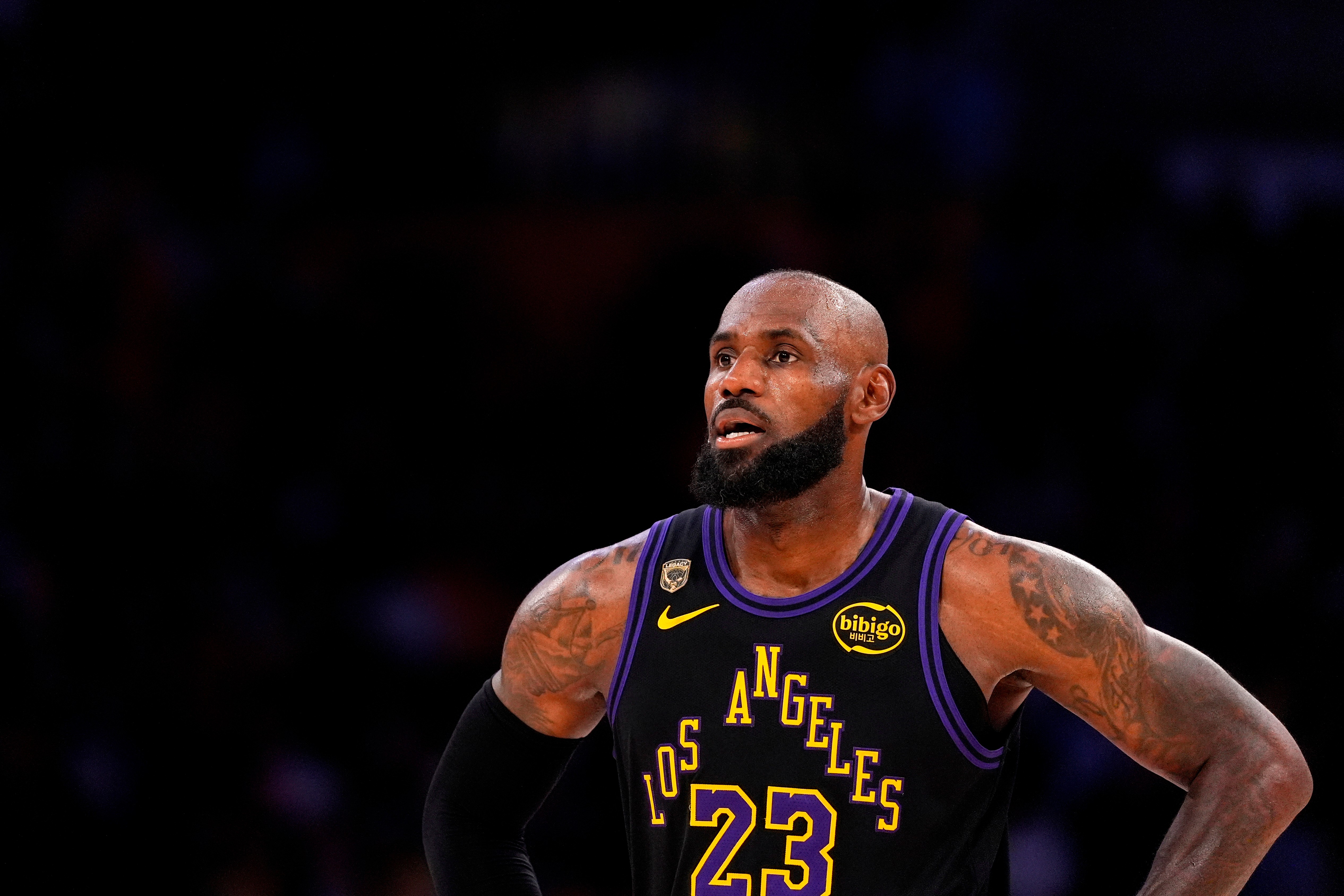 Los Angeles Lakers forward LeBron James stands on the court in the closing minutes of Game 4 in a second-round NBA basketball playoffs series against the Oklahoma City Thunder