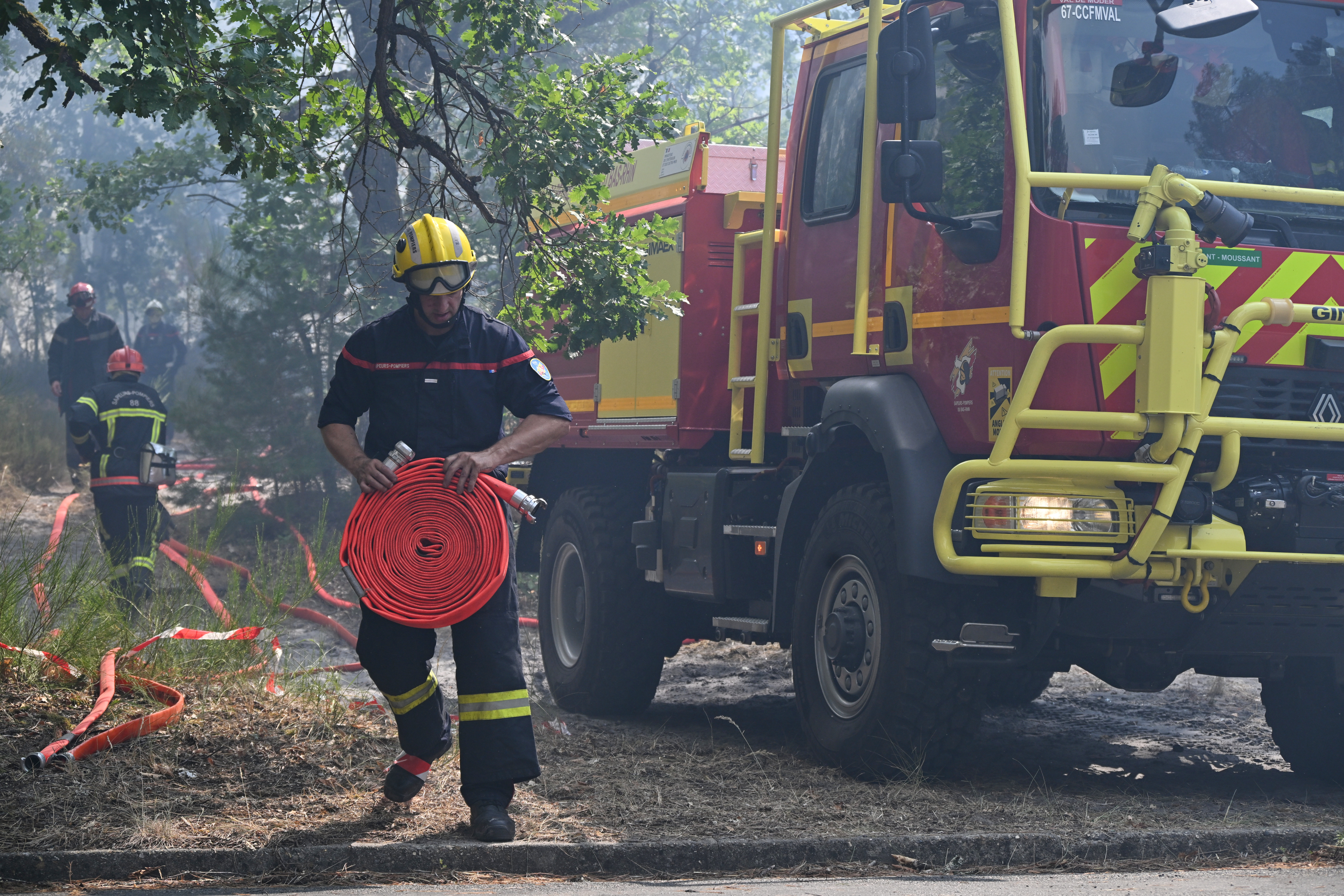 firefighters works to extinguish flames in the Fontainebleau forest