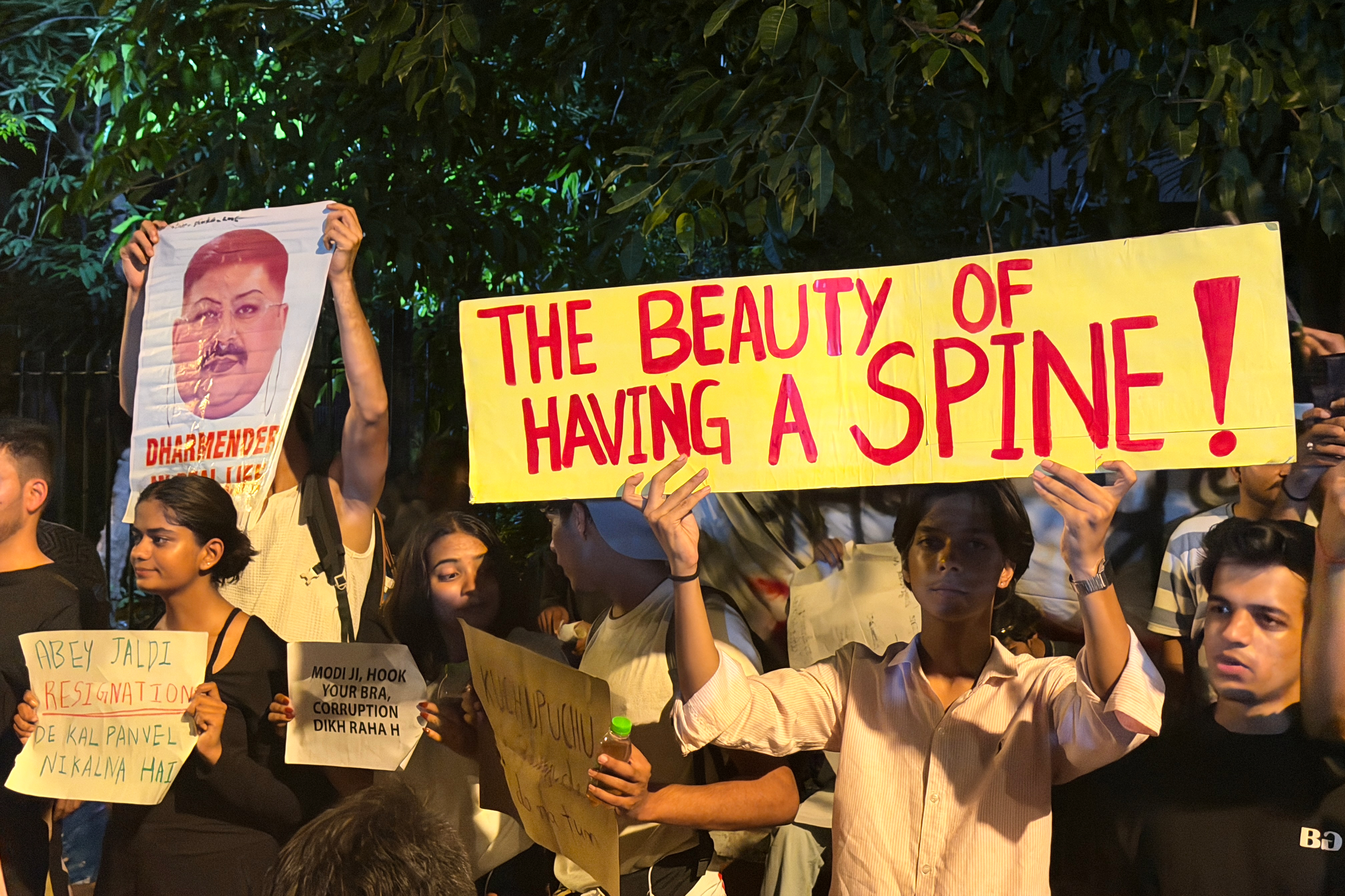 Protestors take part in a demonstration demanding educational reforms as part of the Cockroach Janta Party's ongoing protest movement in New Delhi, India on July 23, 2026. (AP Photo/Verda Sabzwari)