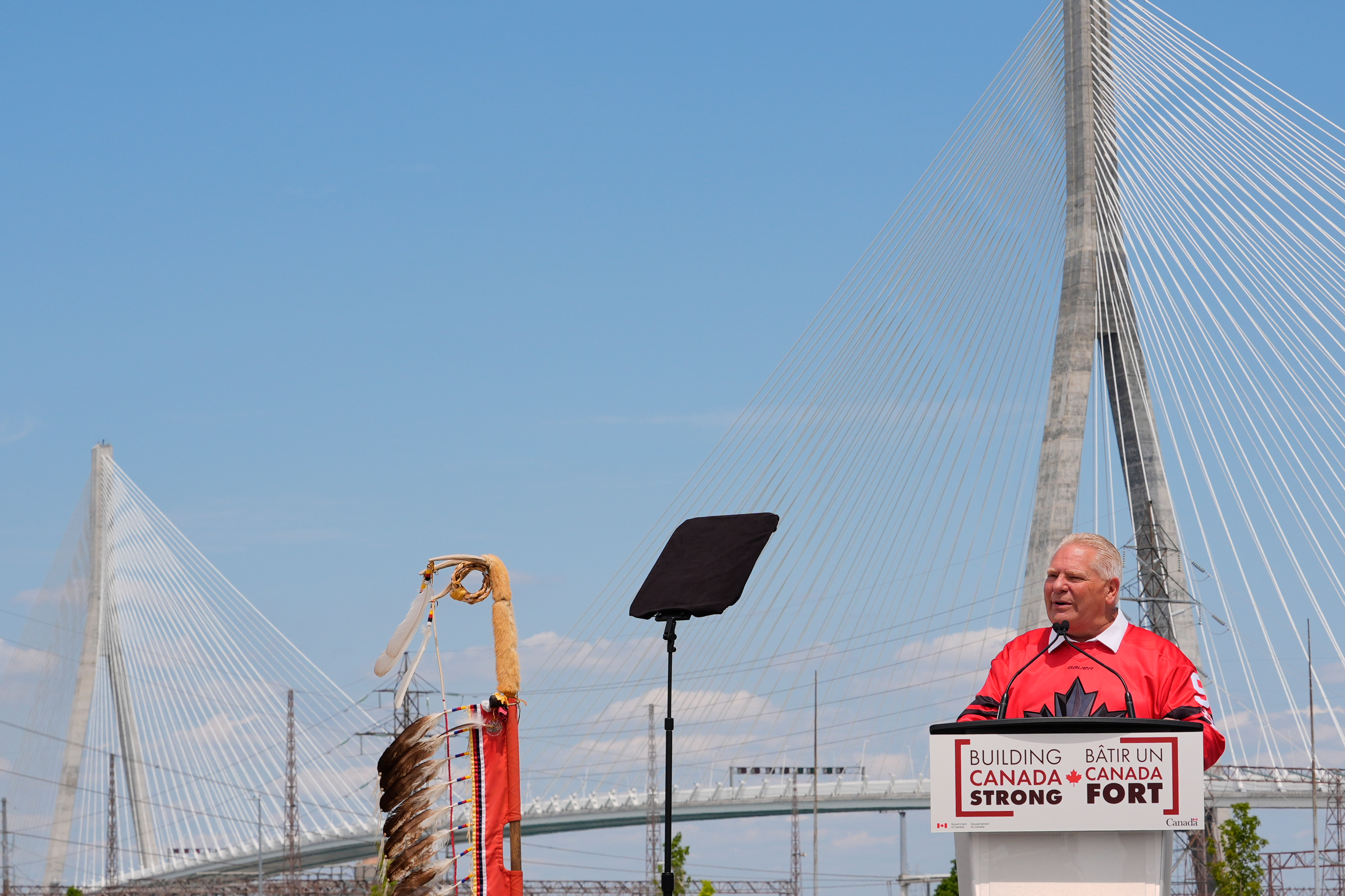 Doug Ford, Premier of Ontario, speaks during a Canadian celebration for the Gordie Howe International bridge connecting Detroit and Windsor, Ontario