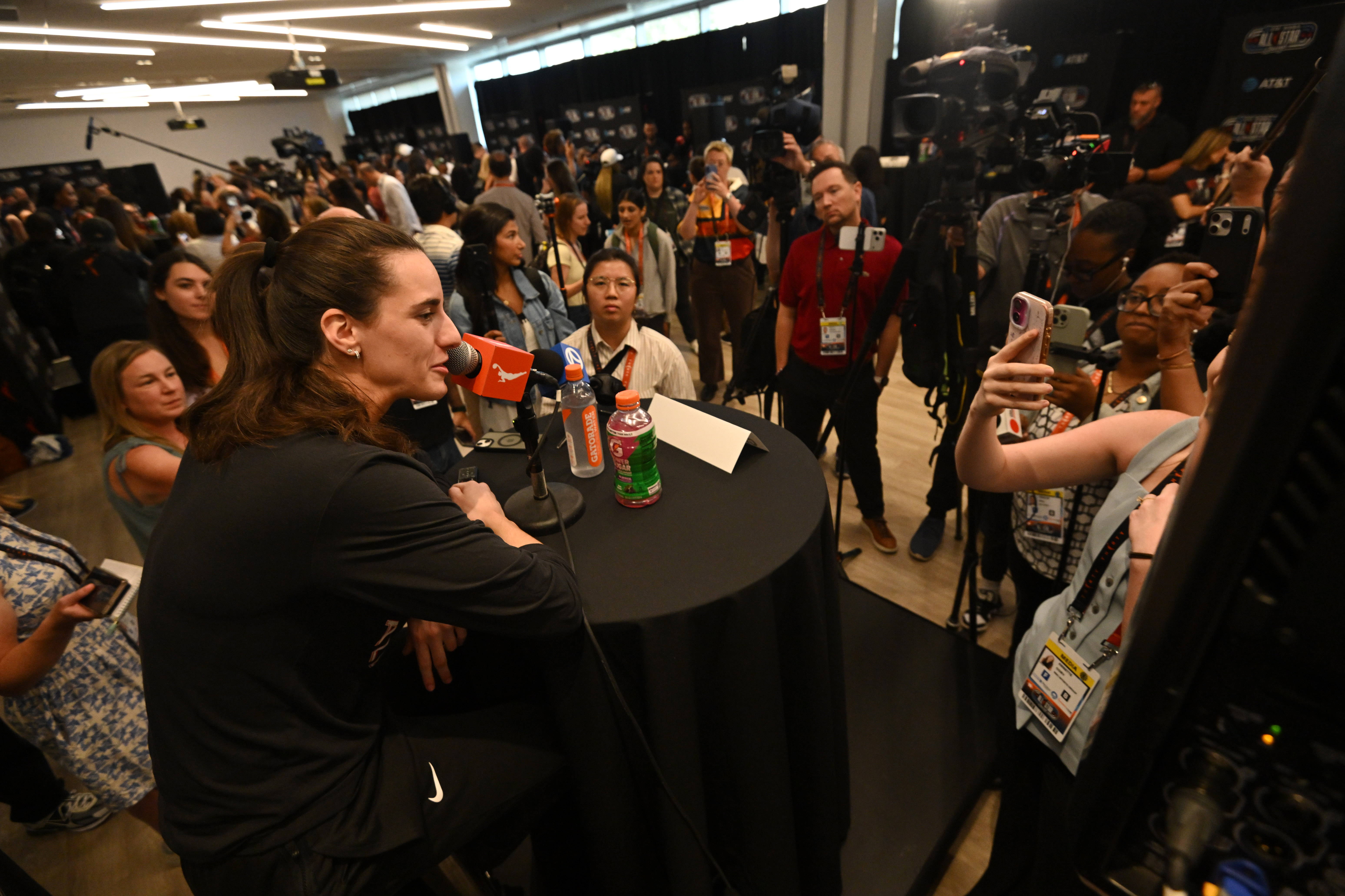 WNBA All-Star Caitlin Clark speaks to the media during practice at the Obama Presidential Center in Chicago